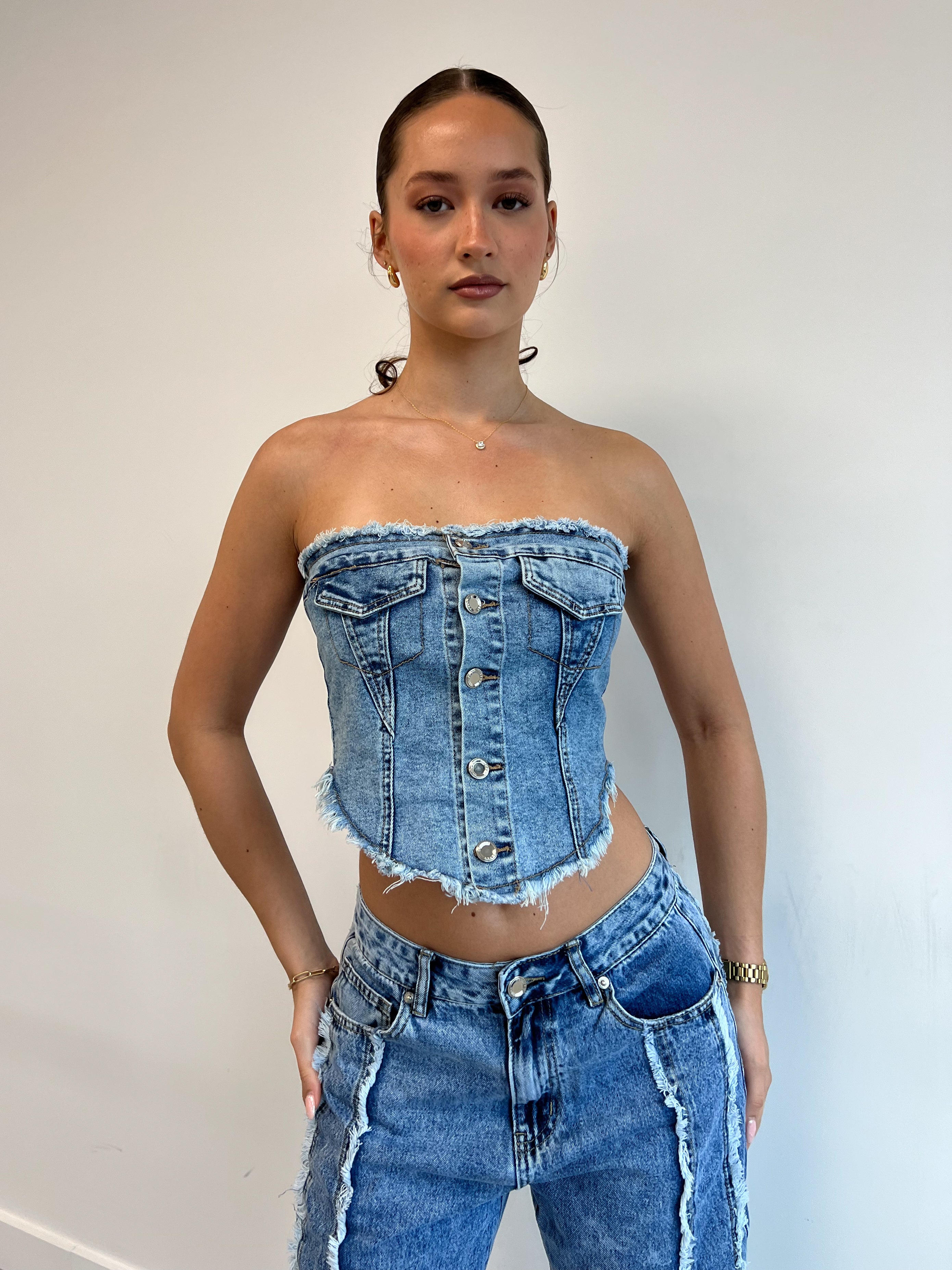 FRINGE DENIM CORSET