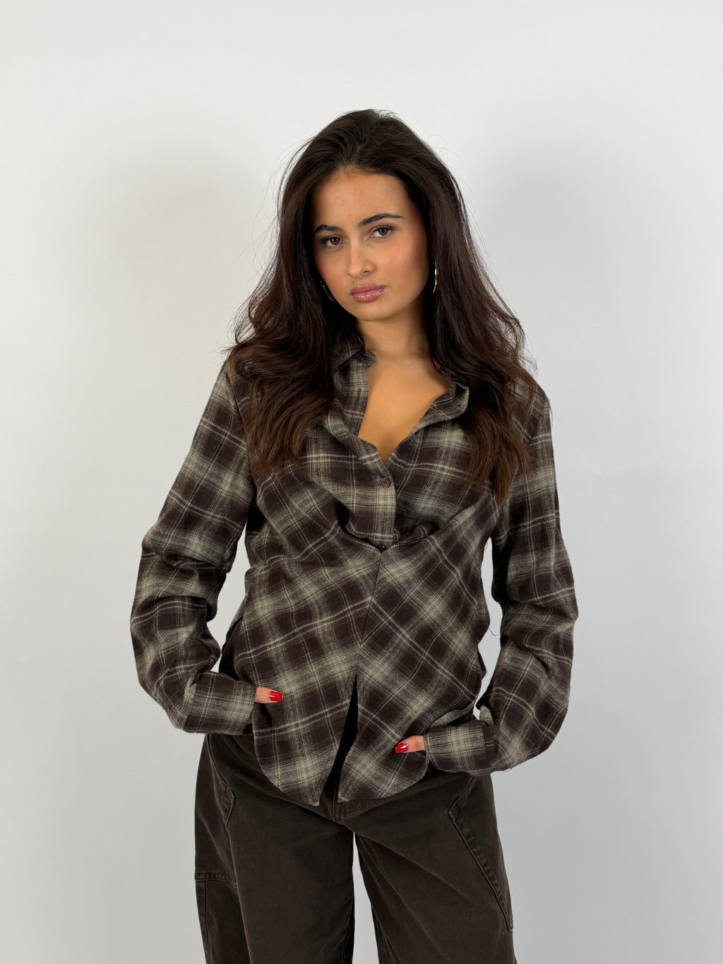 SNATCHED CHECK BLOUSE BROWN