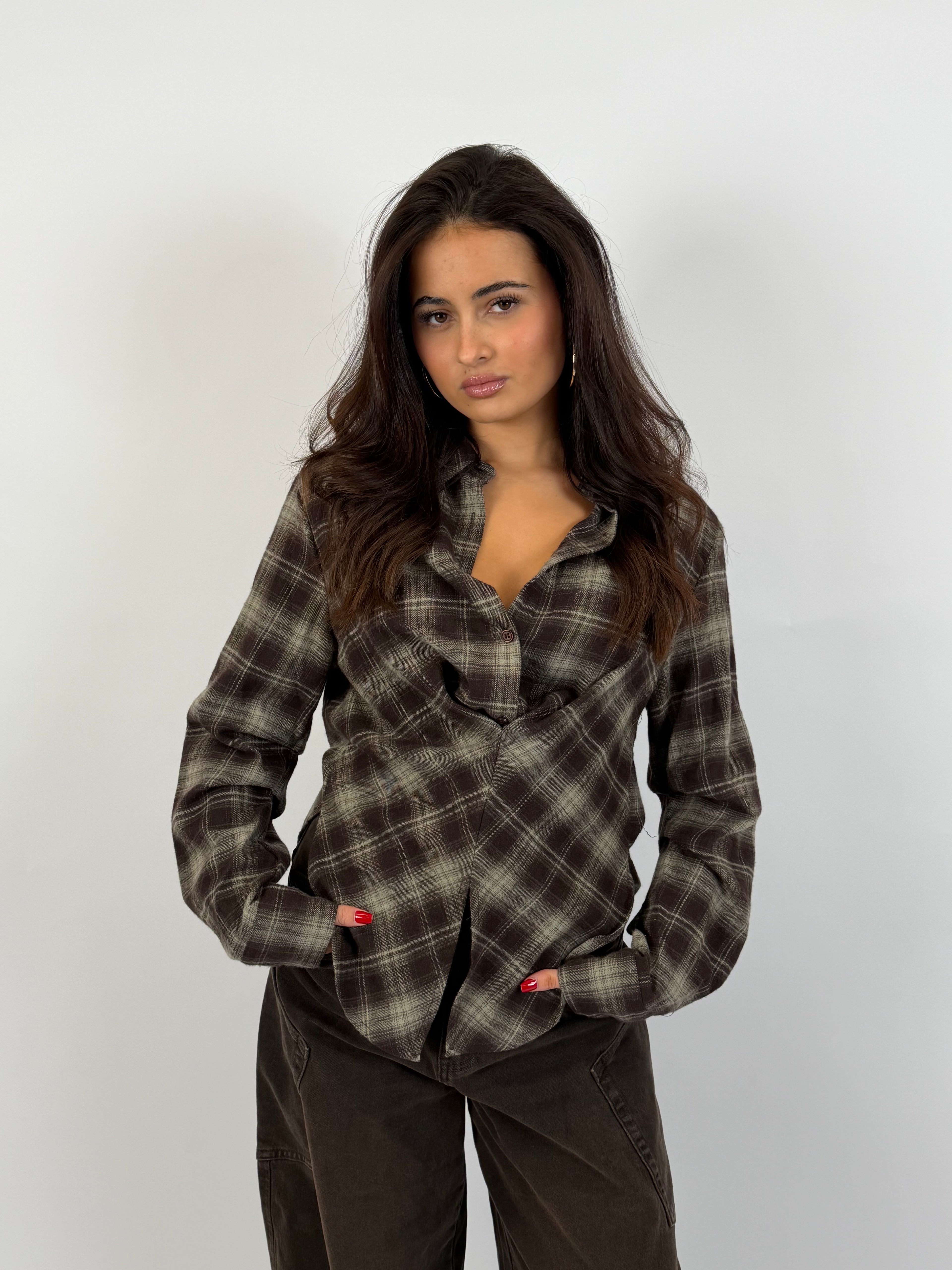 SNATCHED CHECK BLOUSE BROWN