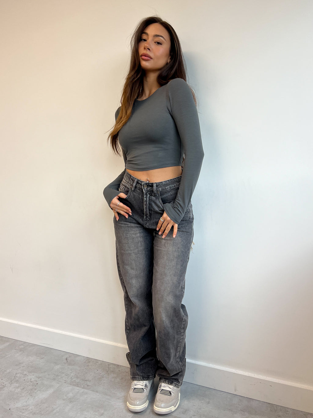 MAISON STRETCH RHINESTONE JEANS DARK GREY