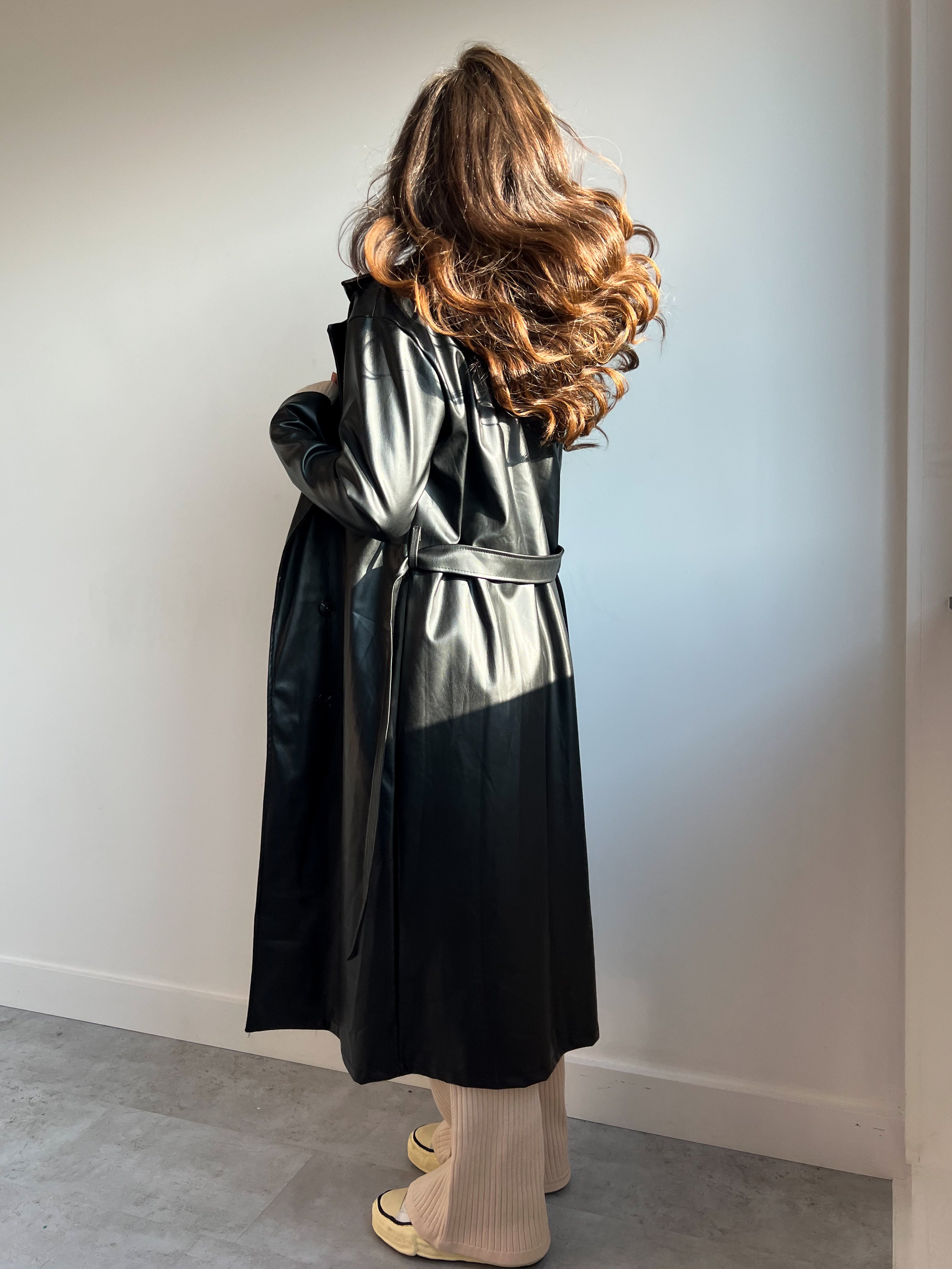 LEATHER LOOK TRENCH BLACK