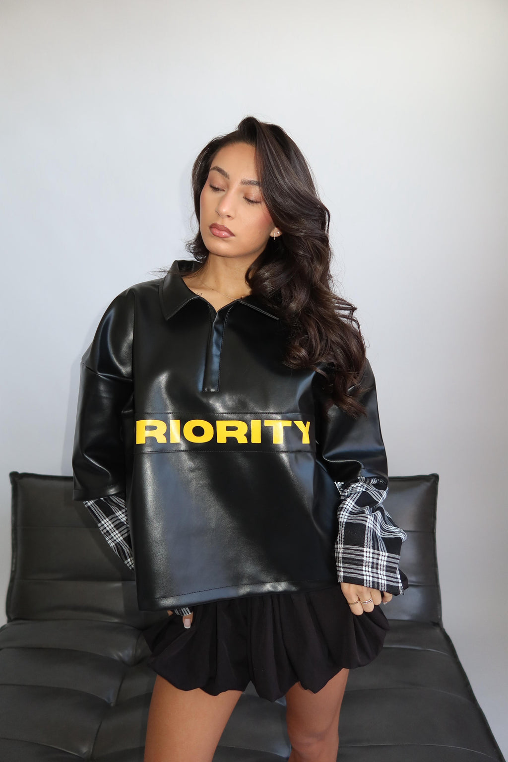 LEATHER+CHECKS LONGSLEEVE BLACK