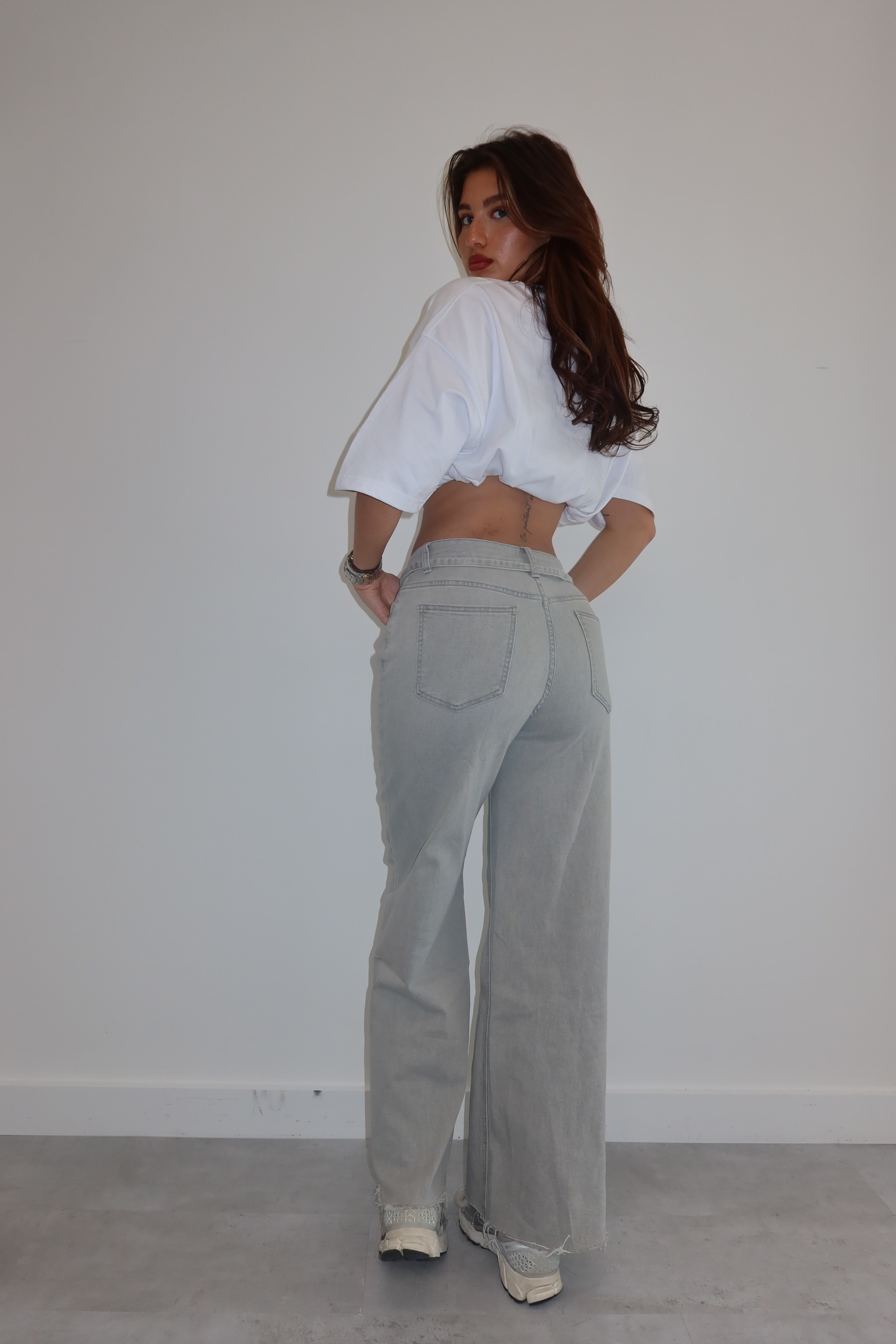 GREY STRETCH TIE WIDE LEG