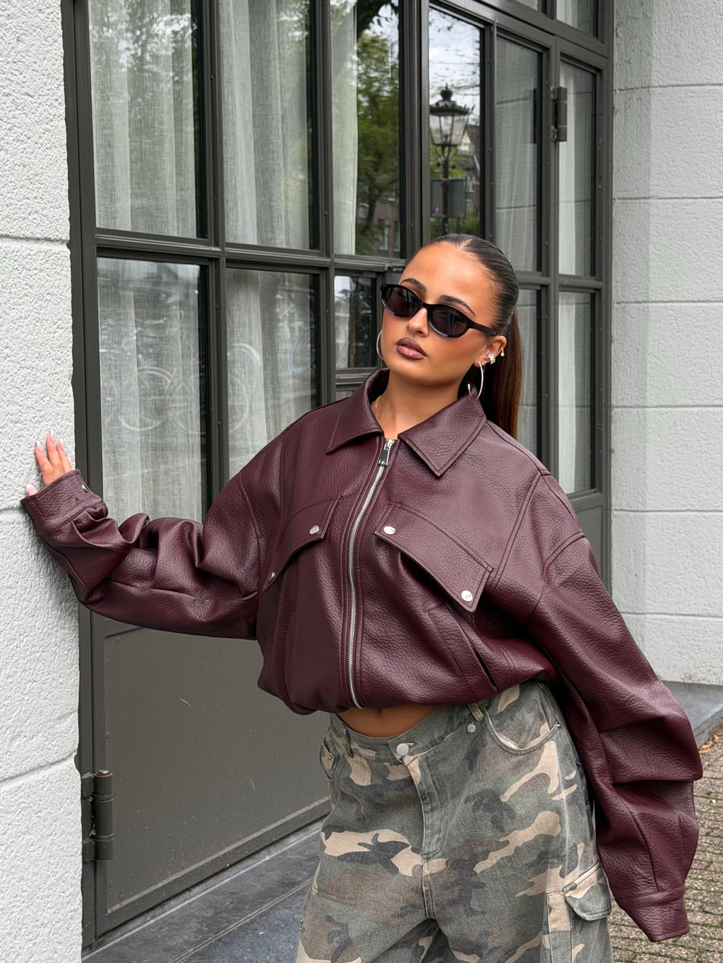 PUFFY LEATHER BOMBER BORDEAUX