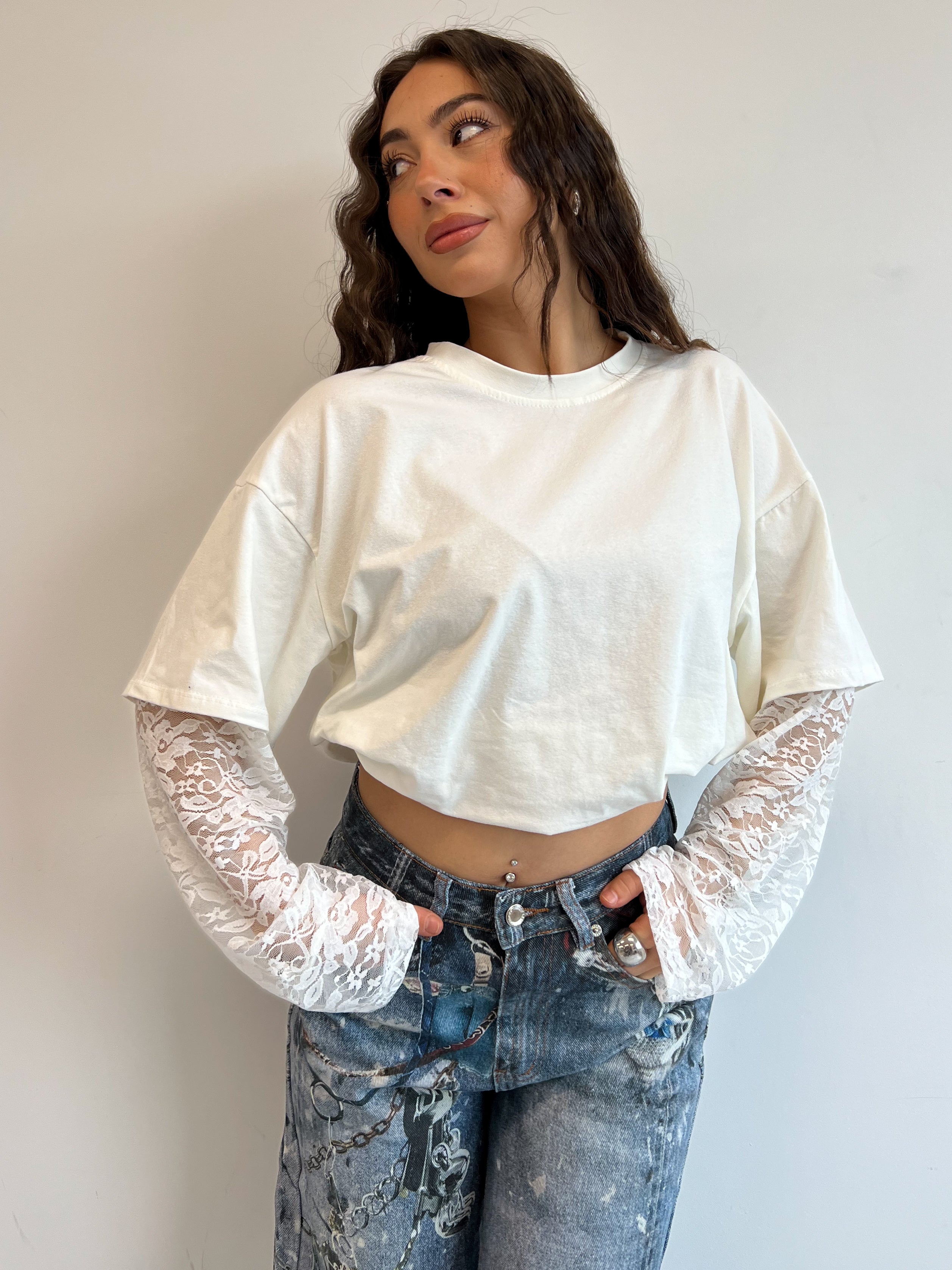OVERSIZED LACE SLEEVE TEE WHITE
