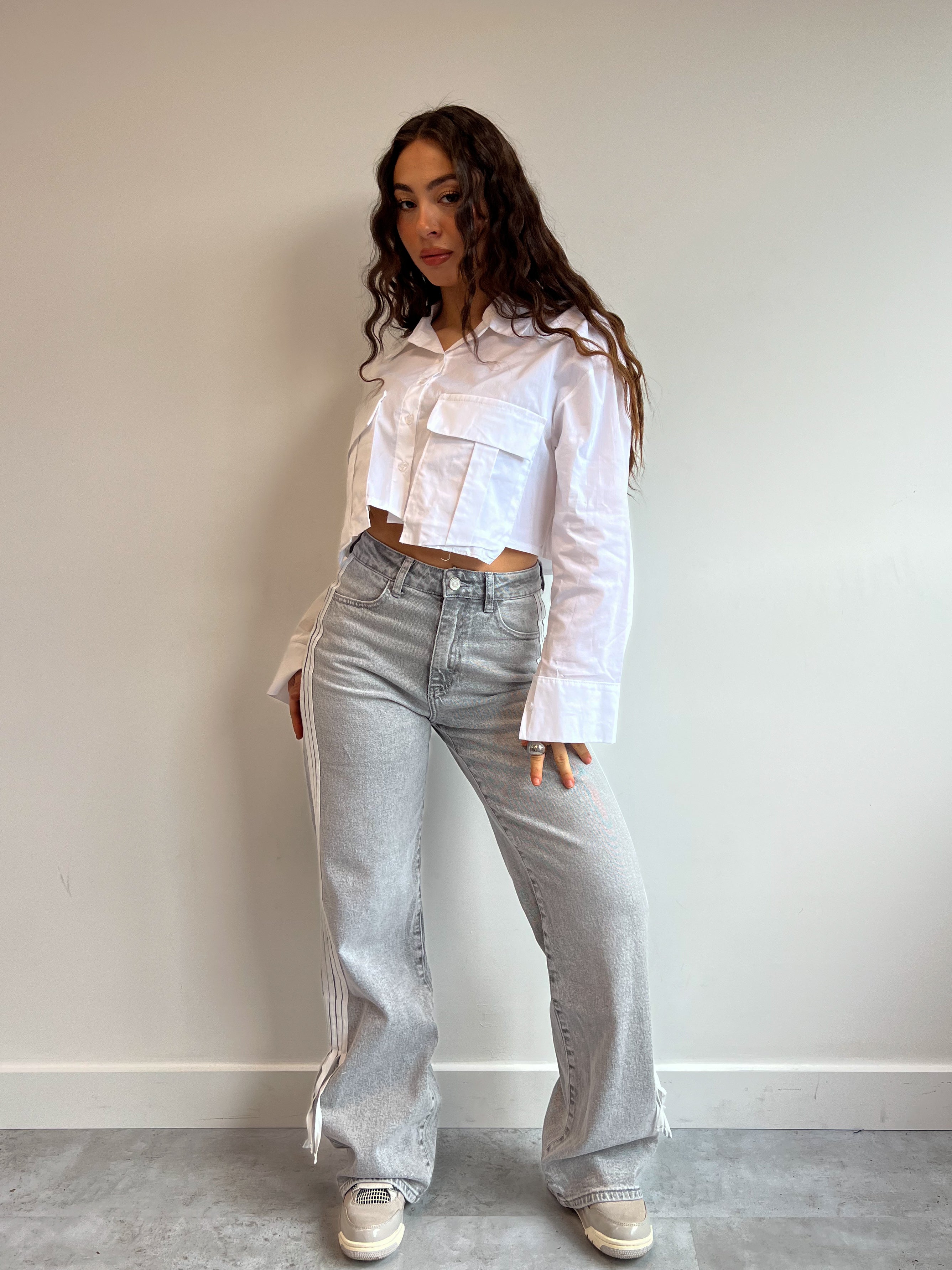 STRETCHY BOW TIE JEANS GREY/WHITE