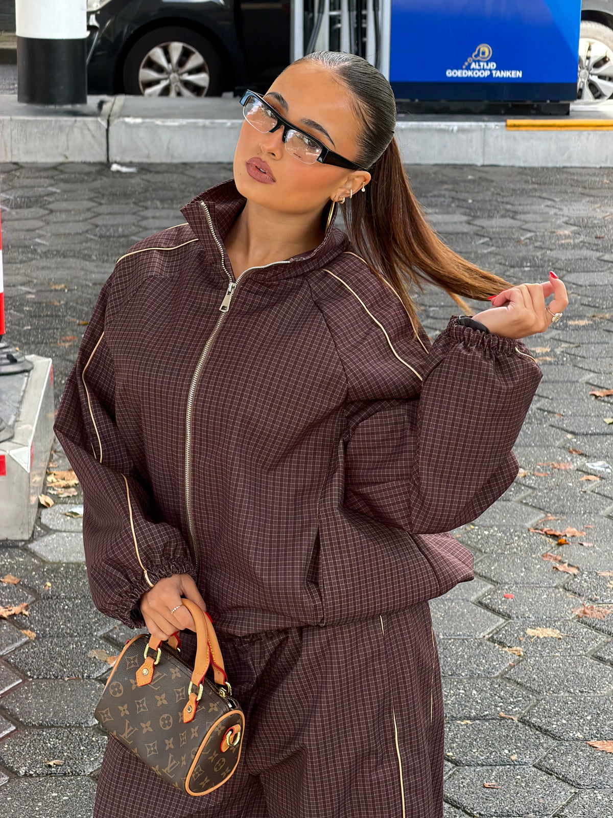 PREMIUM CHECKERED WINDBREAKER SUIT BROWN
