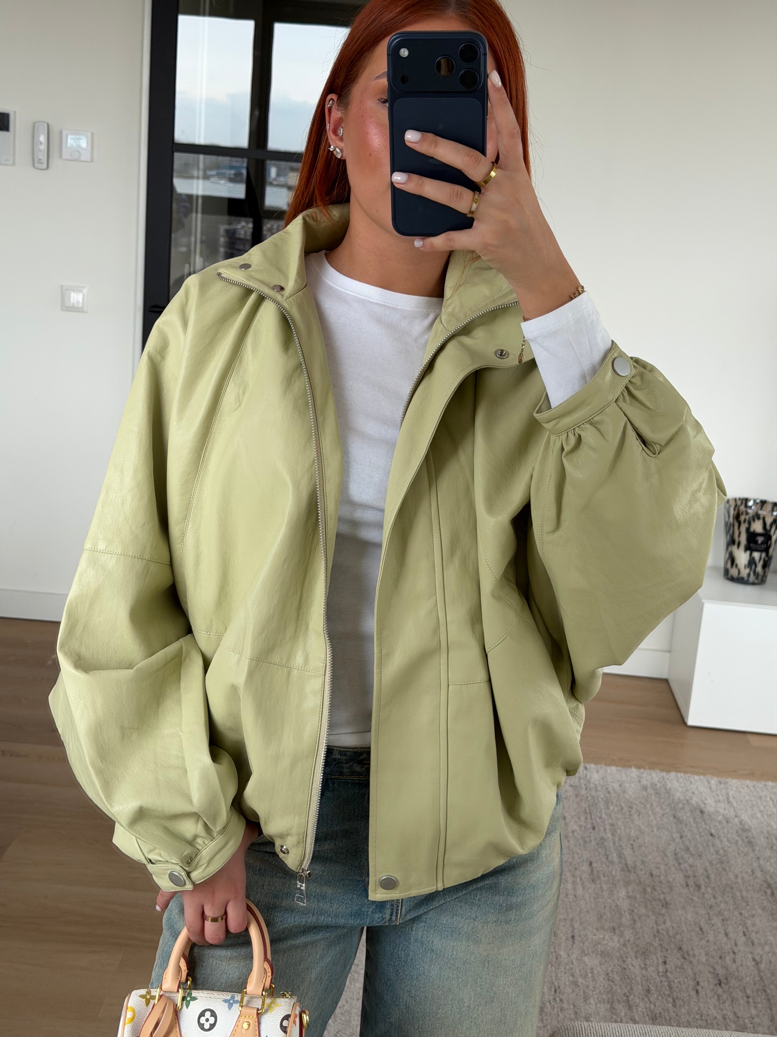 PUFFY LEATHER BOMBER MATCHA