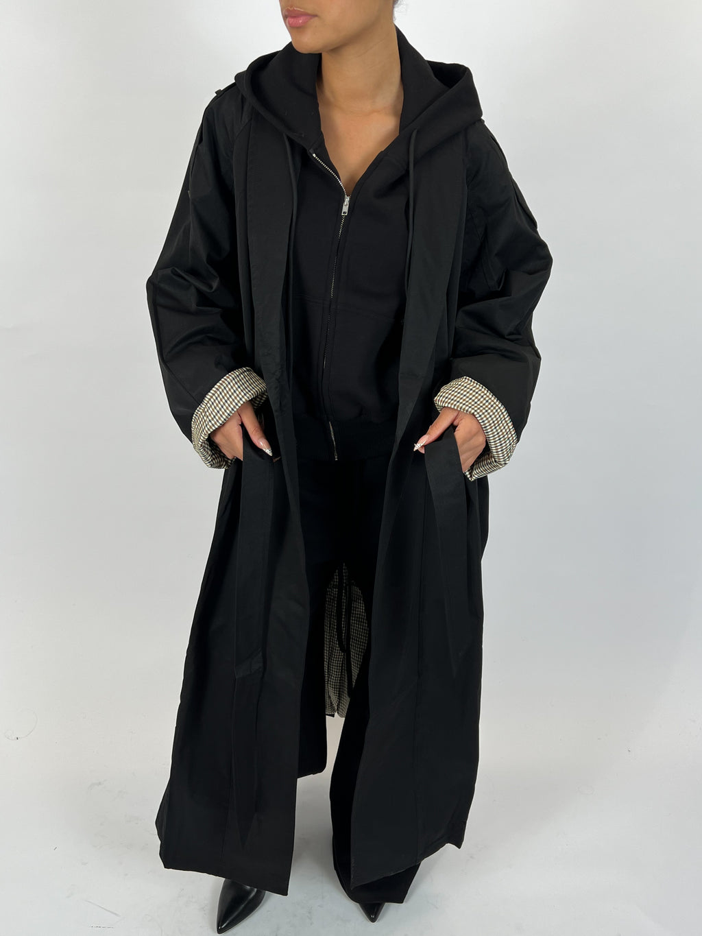 CHECHERED MAXI TRENCH COAT BLACK