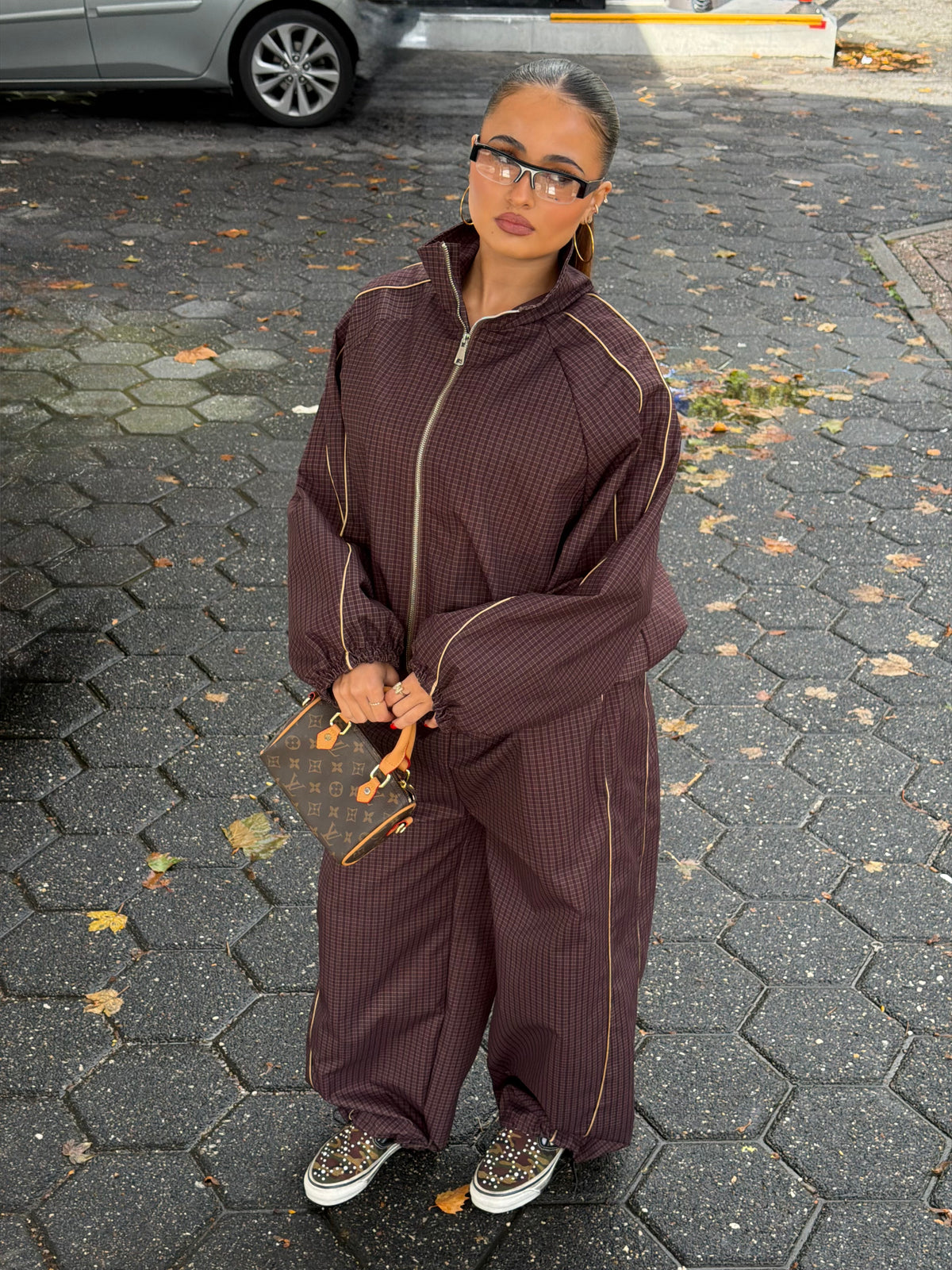 PREMIUM CHECKERED WINDBREAKER SUIT BROWN