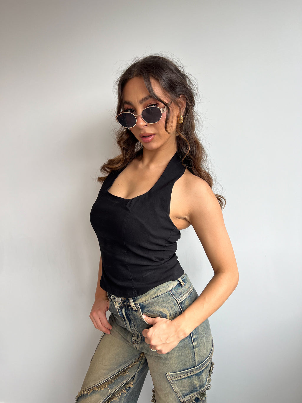 HALTER OPEN BACK TOP BLACK