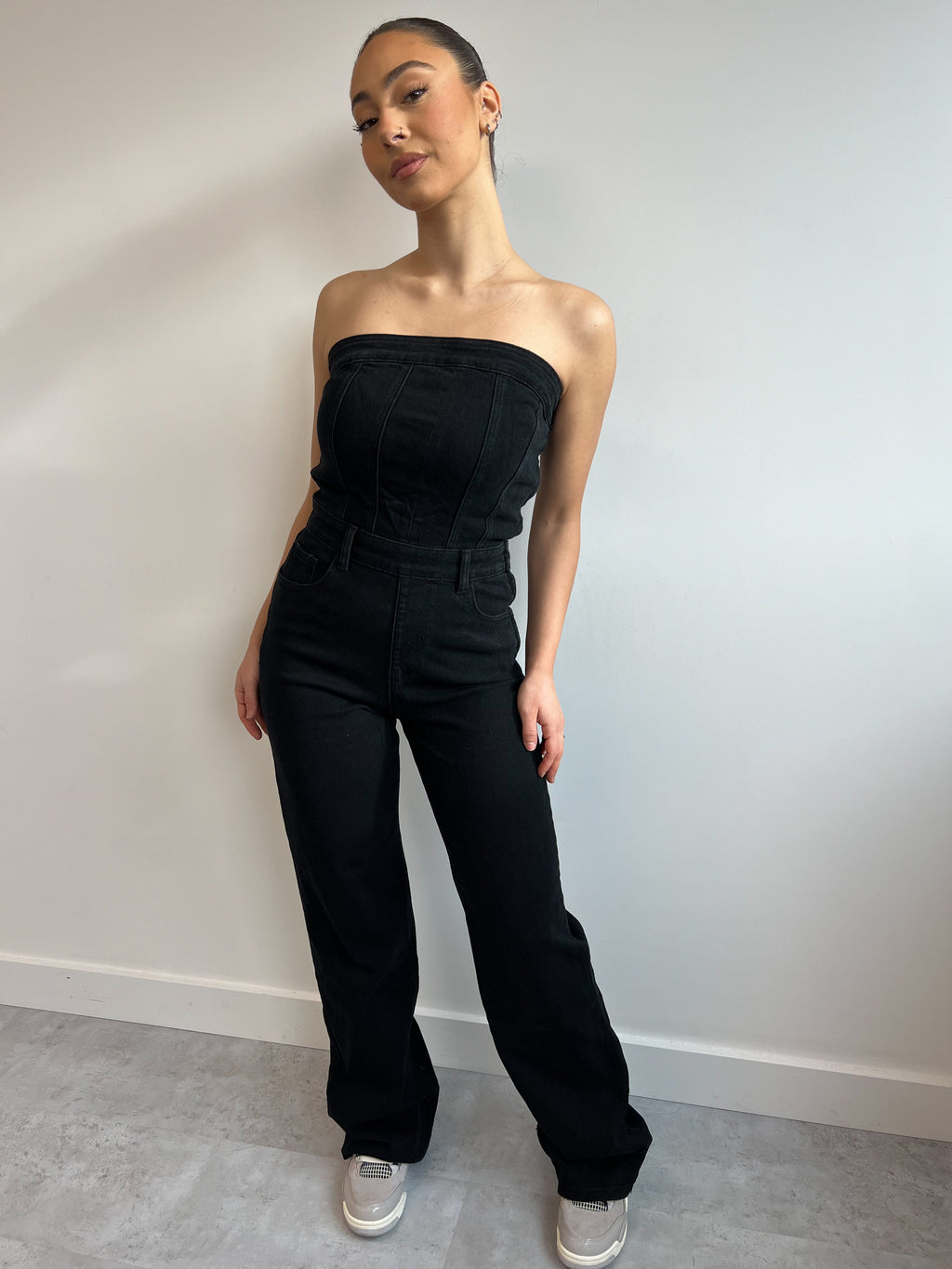 STRAPLESS STRETCH DENIM JUMPSUIT BLACK