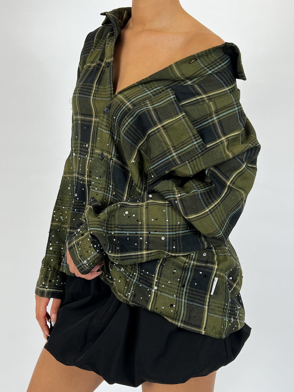 EXCLUSIVE CHECKED RHINESTONES SHIRT ARMY