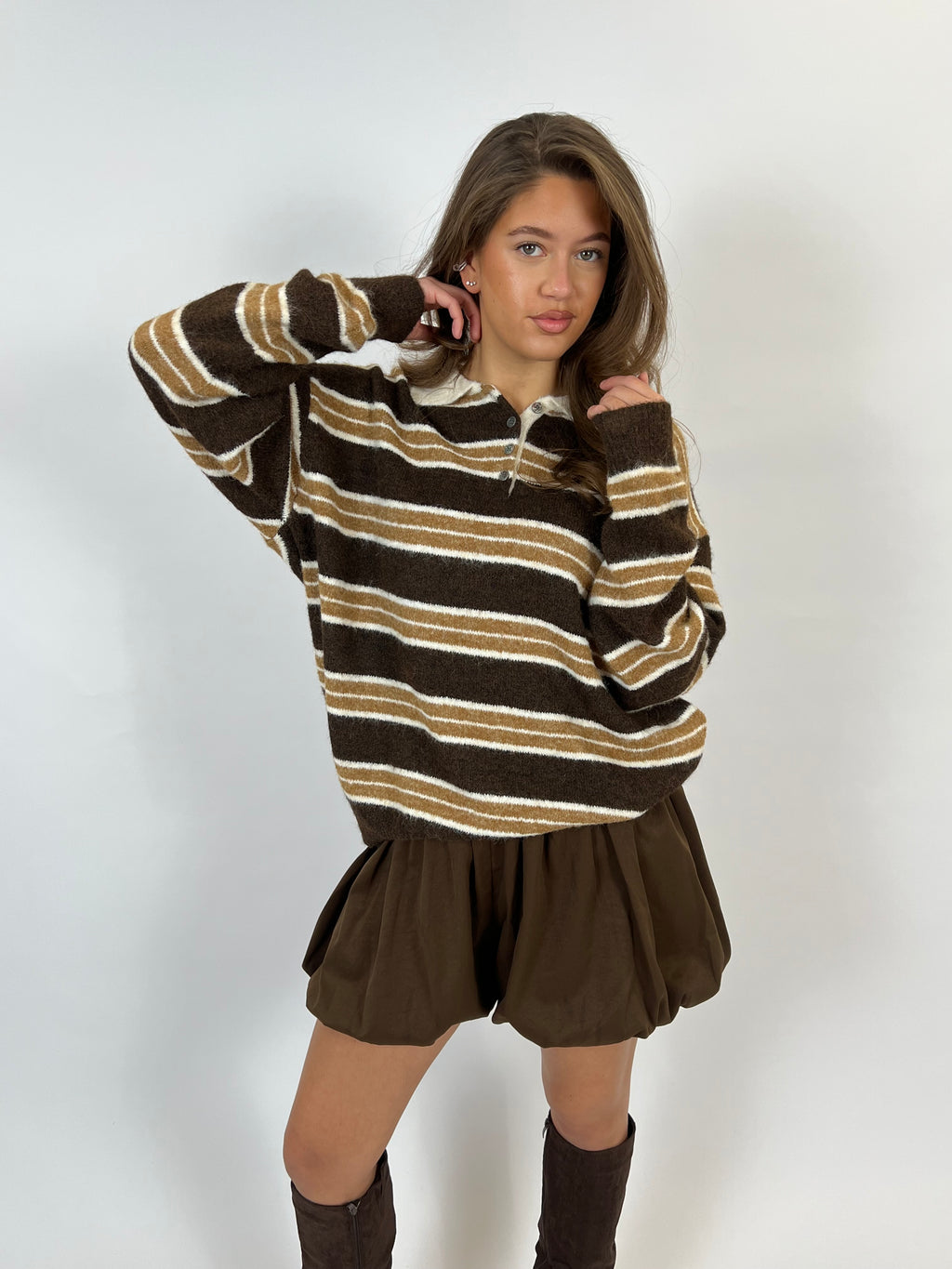 ULTRA SOFT STRIPED POLO KNIT CHOCO/BROWN