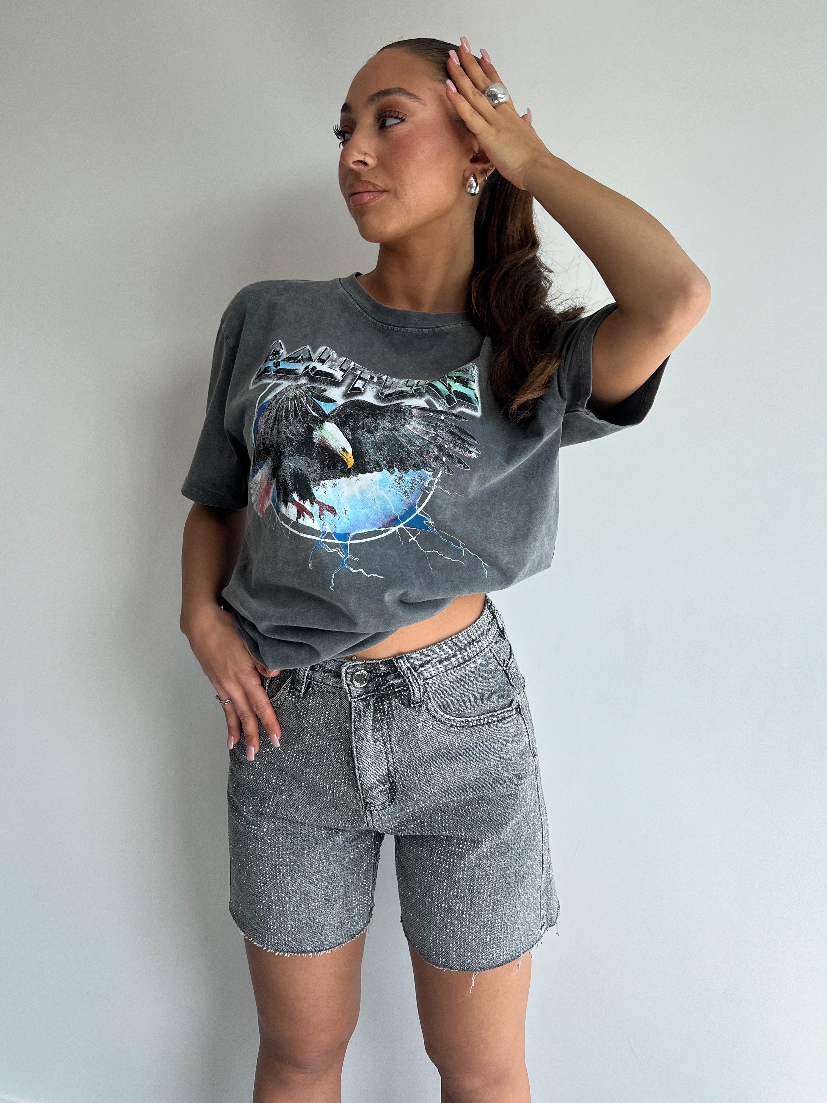 ALL OVER STRETCH RHINESTONE SHORT GREY