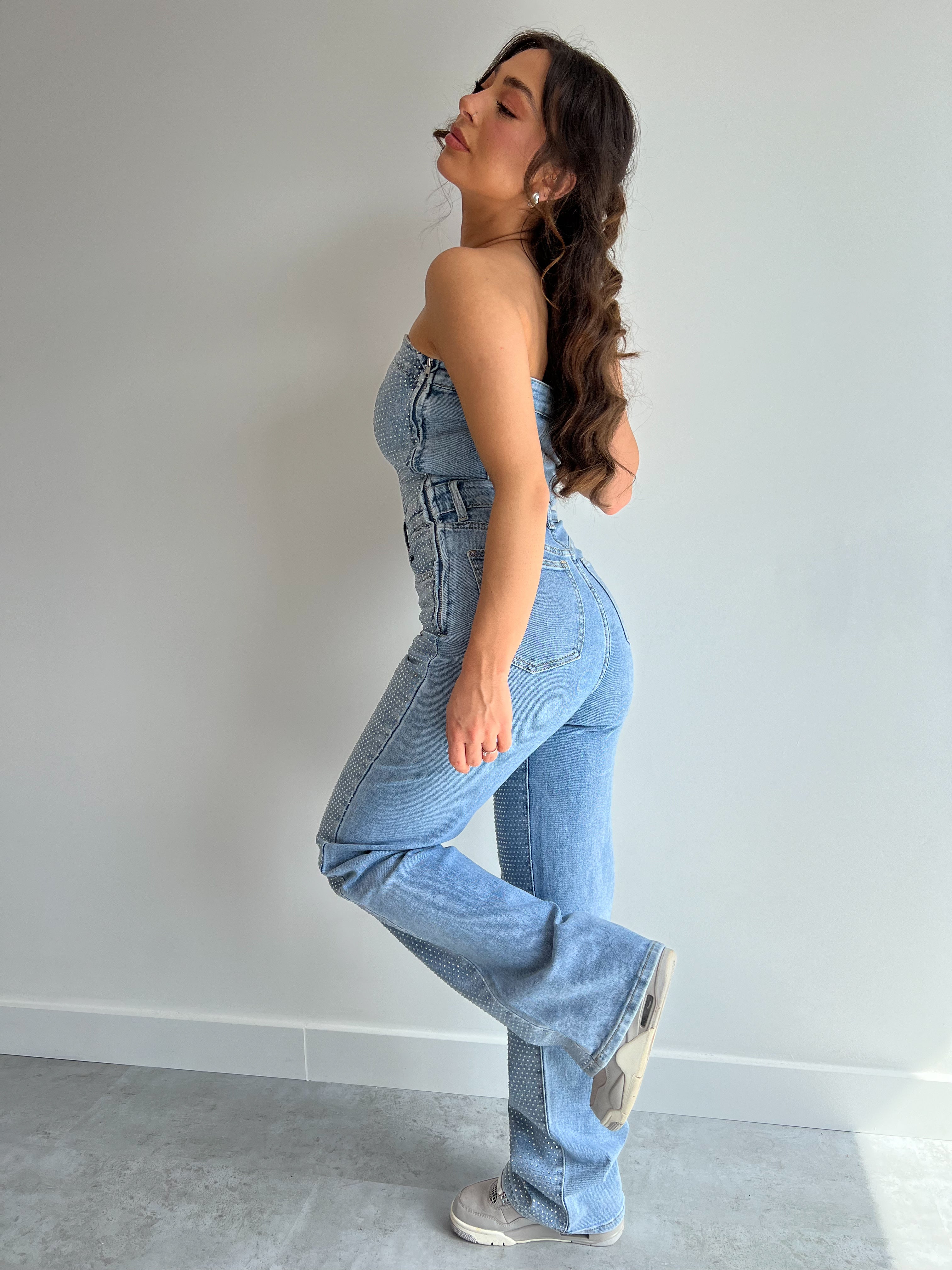 STRETCH STRASS DENIM JUMPSUIT BLUE