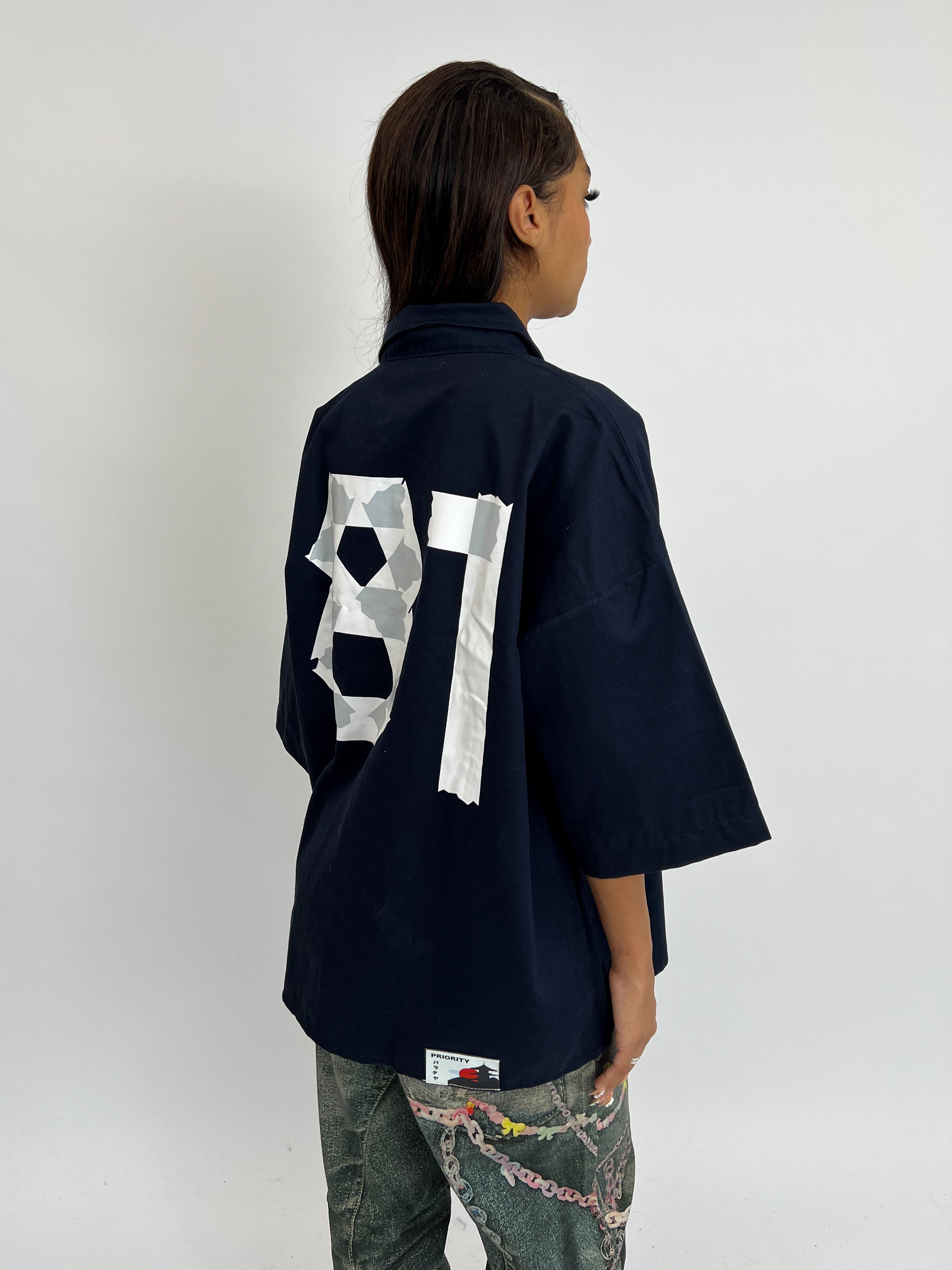 EXCLUSIVE TOKYO 81 BOYFRIEND BLOUSE NAVY/WHITE