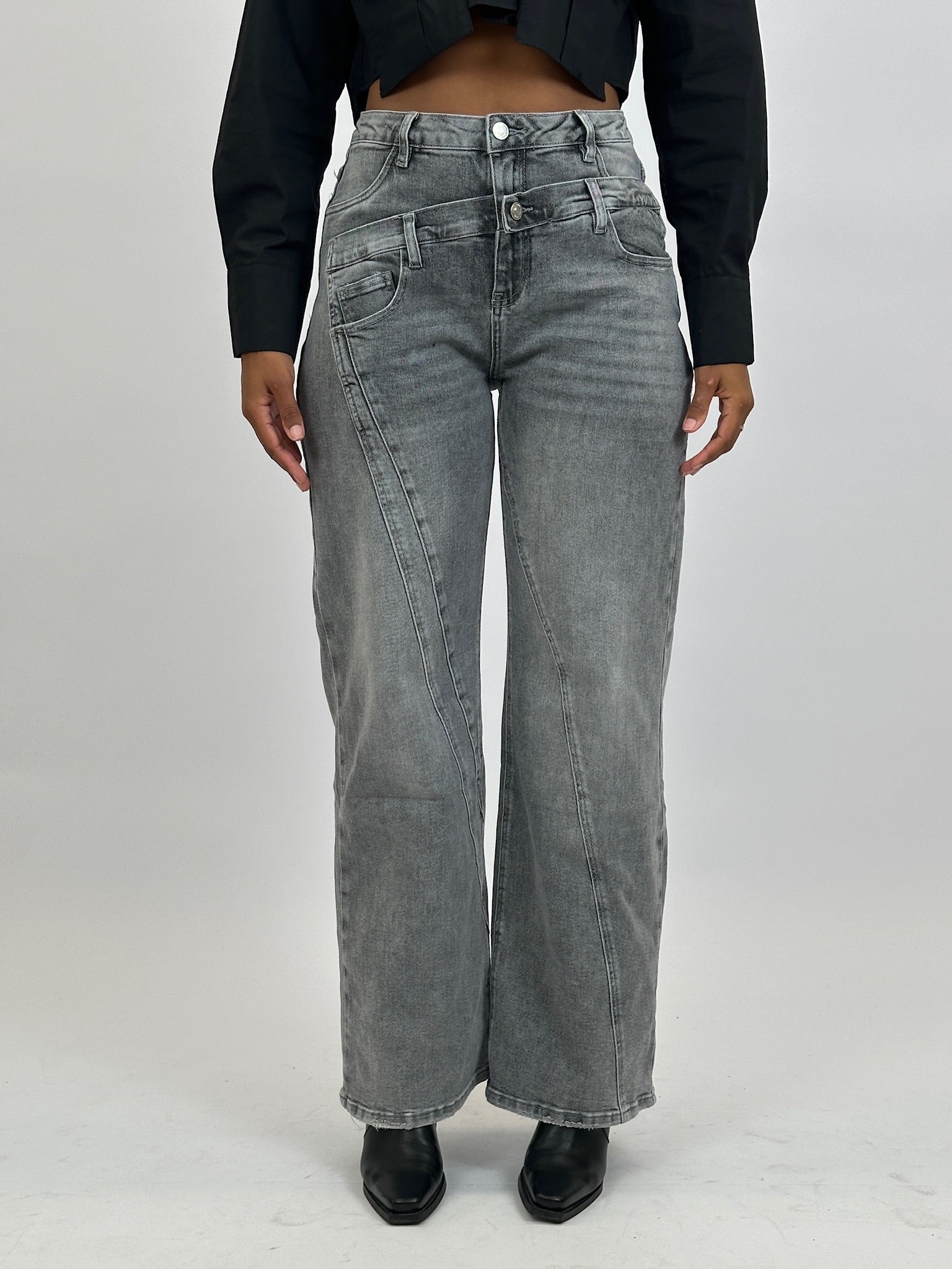 DOUBLE WAIST STRETCH JEANS GREY