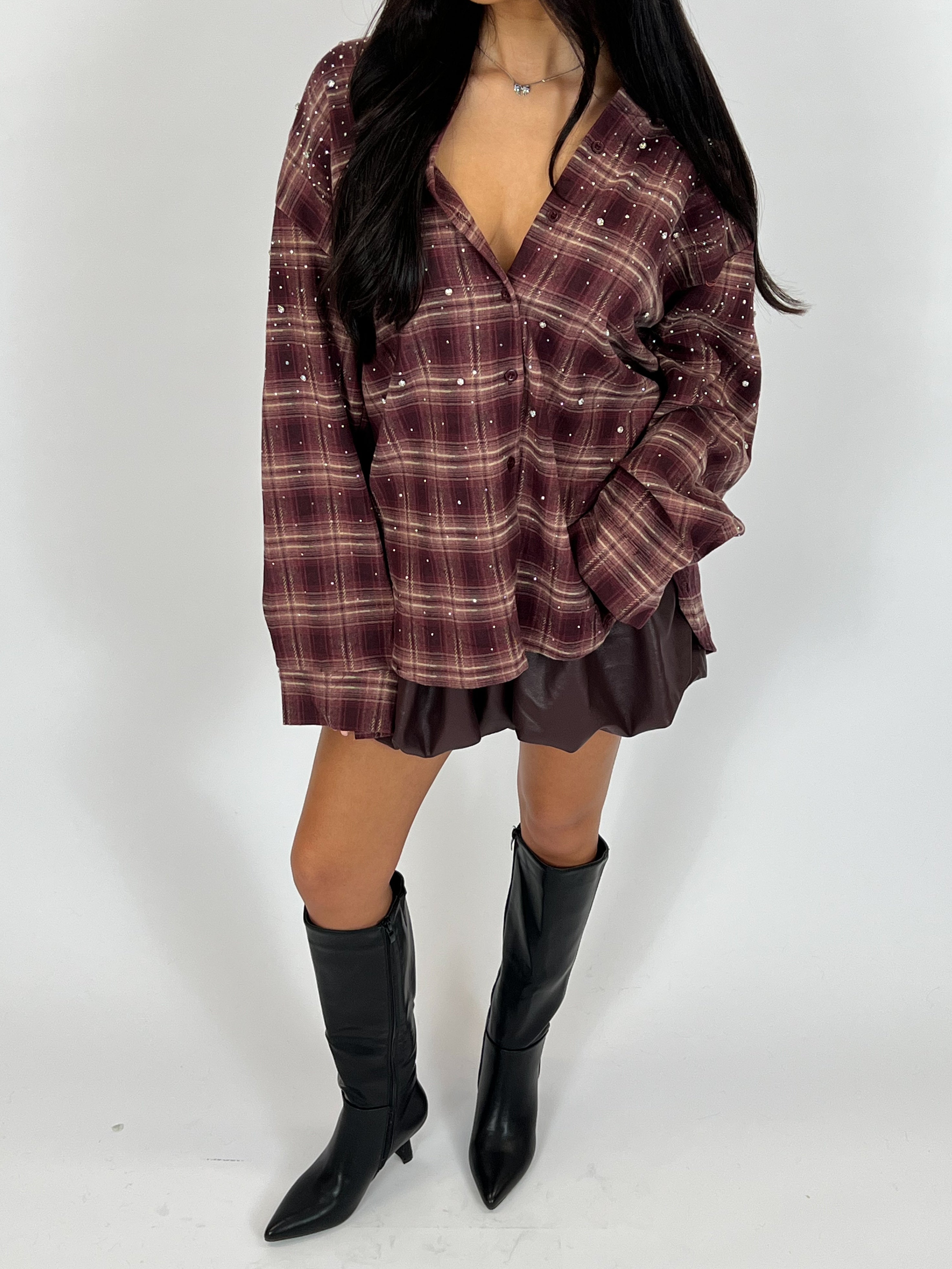 RHINESTONES CHECK SHIRT BORDEAUX
