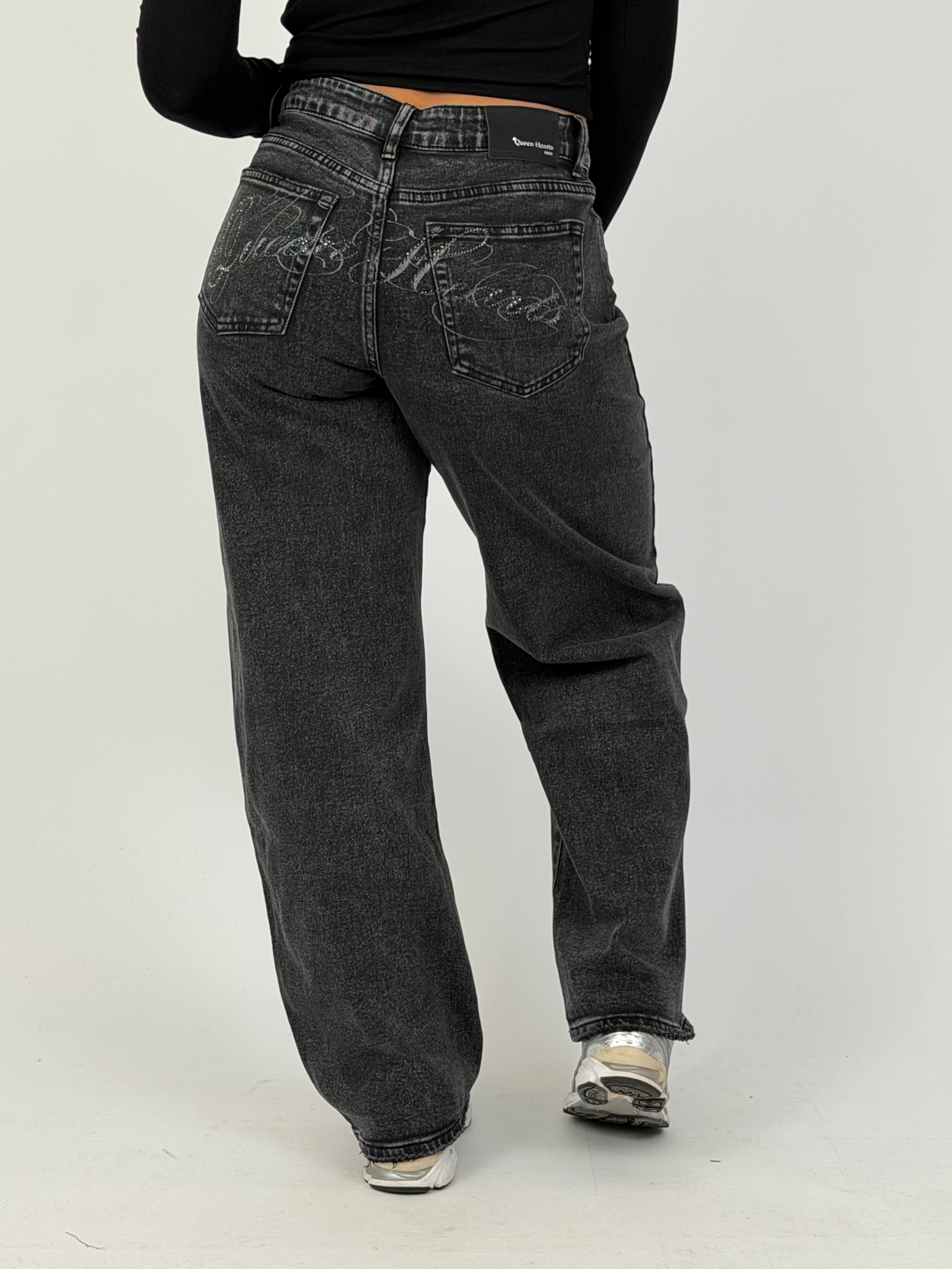 RHINESTONE BUM STRETCH WIDE LEG BLACK
