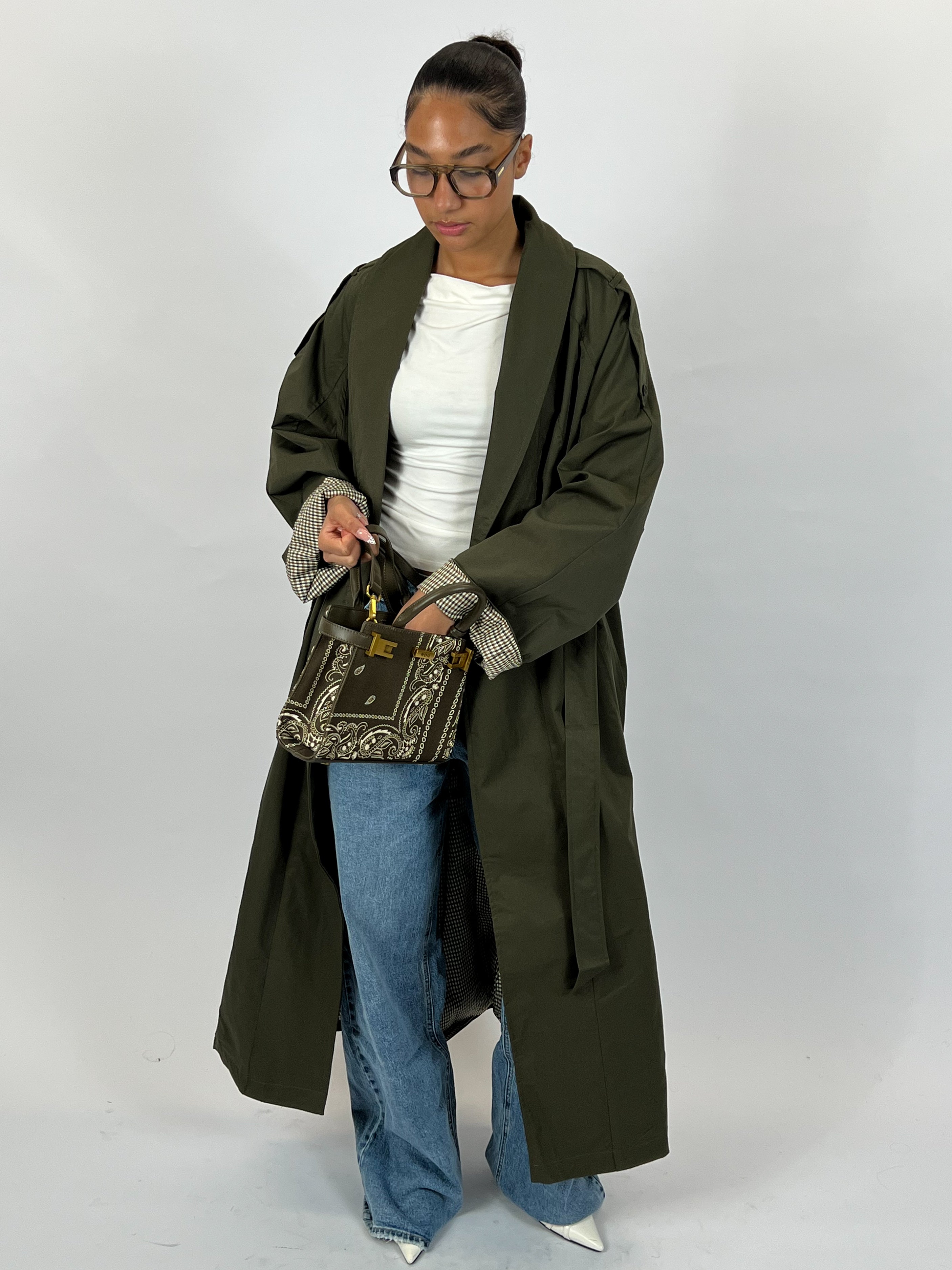 CHECHERED MAXI TRENCH COAT ARMY