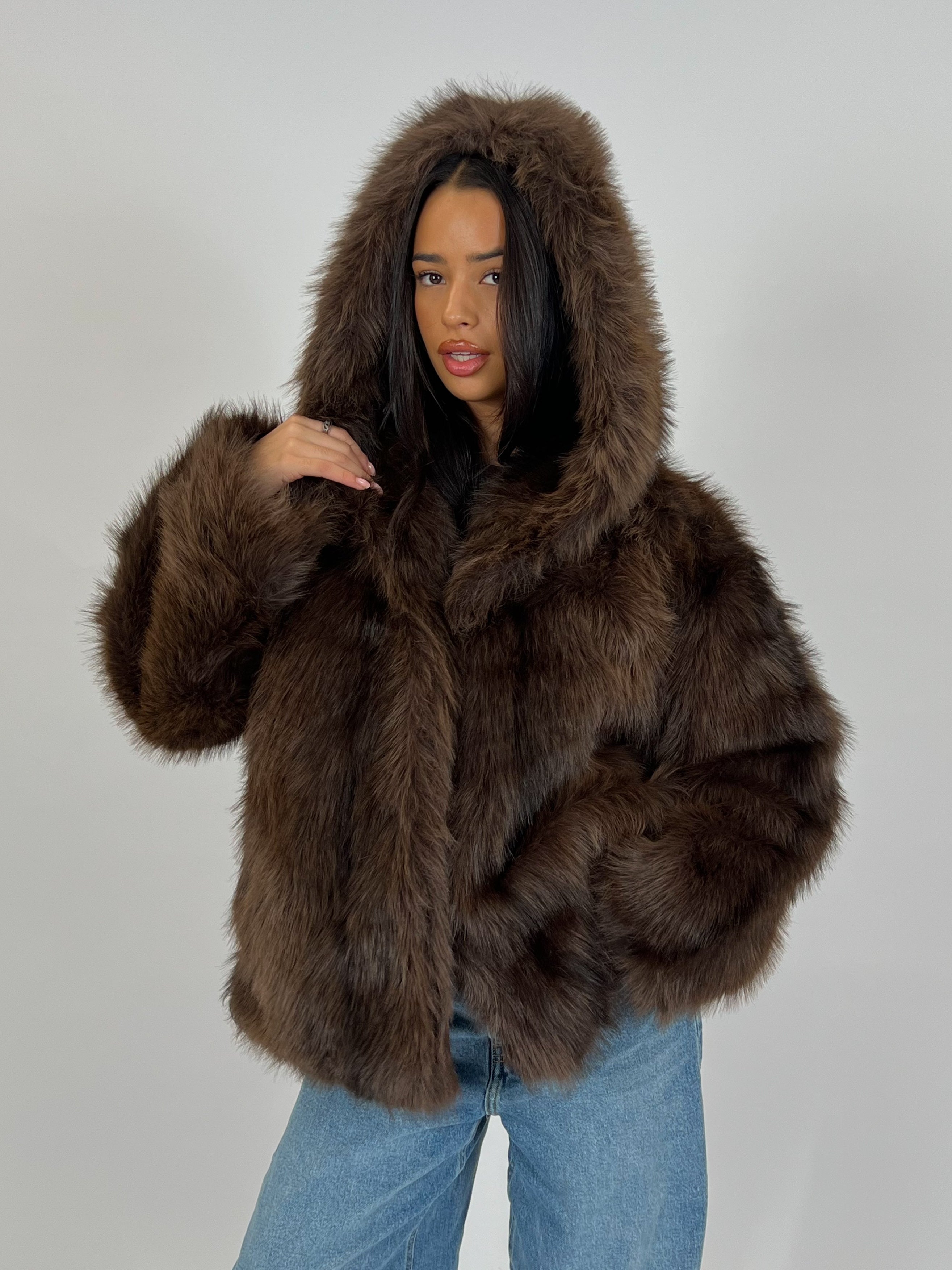 BIG COLLAR FAUX FUR COAT DARK BROWN