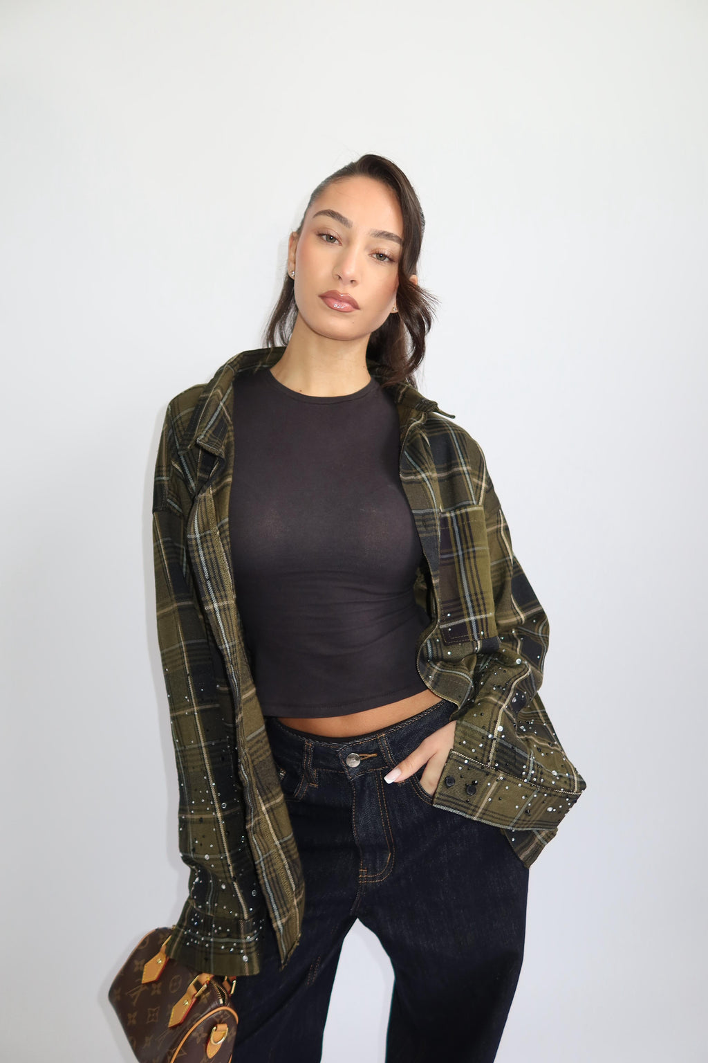 EXCLUSIVE CHECKED RHINESTONES SHIRT ARMY