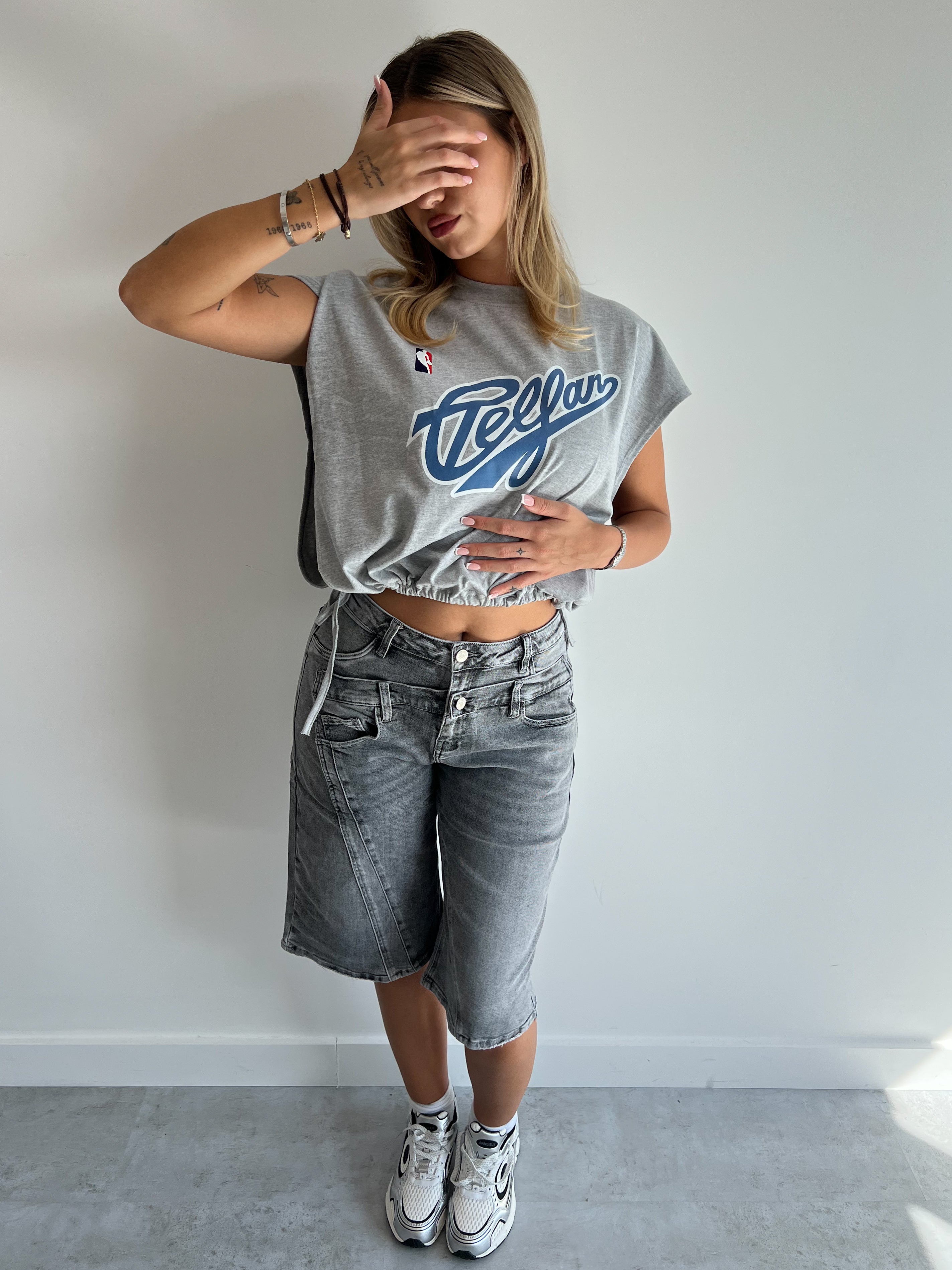 DOUBLE WAIST STRETCH JORT GREY