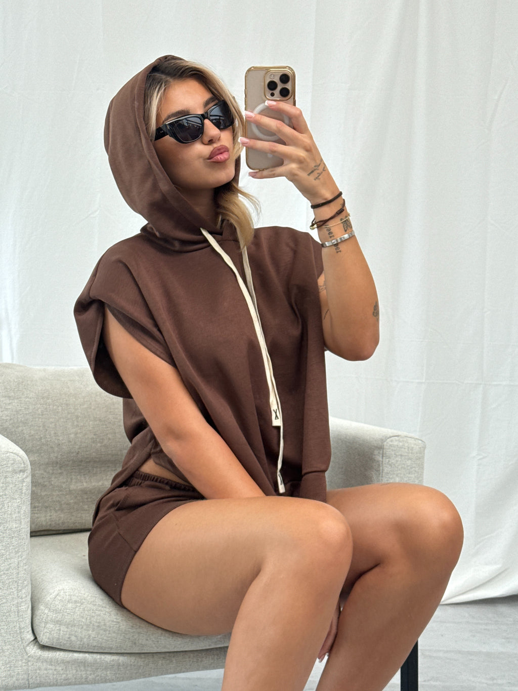 HOODED CREAM TIE COMFY SET BROWN