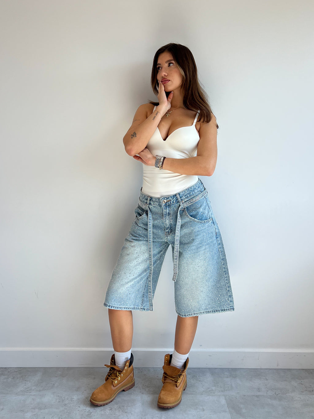 RHINESTONE DENIM JORTS