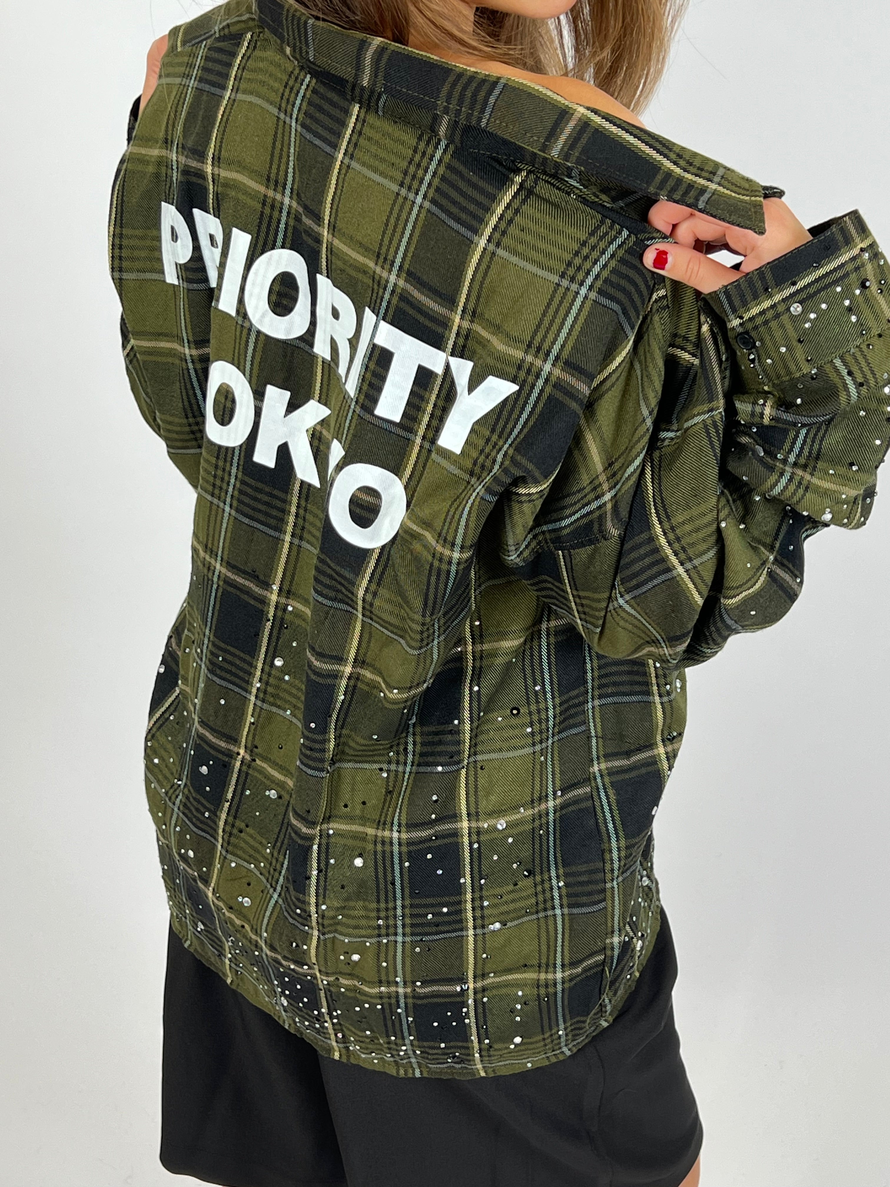 EXCLUSIVE CHECKED RHINESTONES SHIRT ARMY