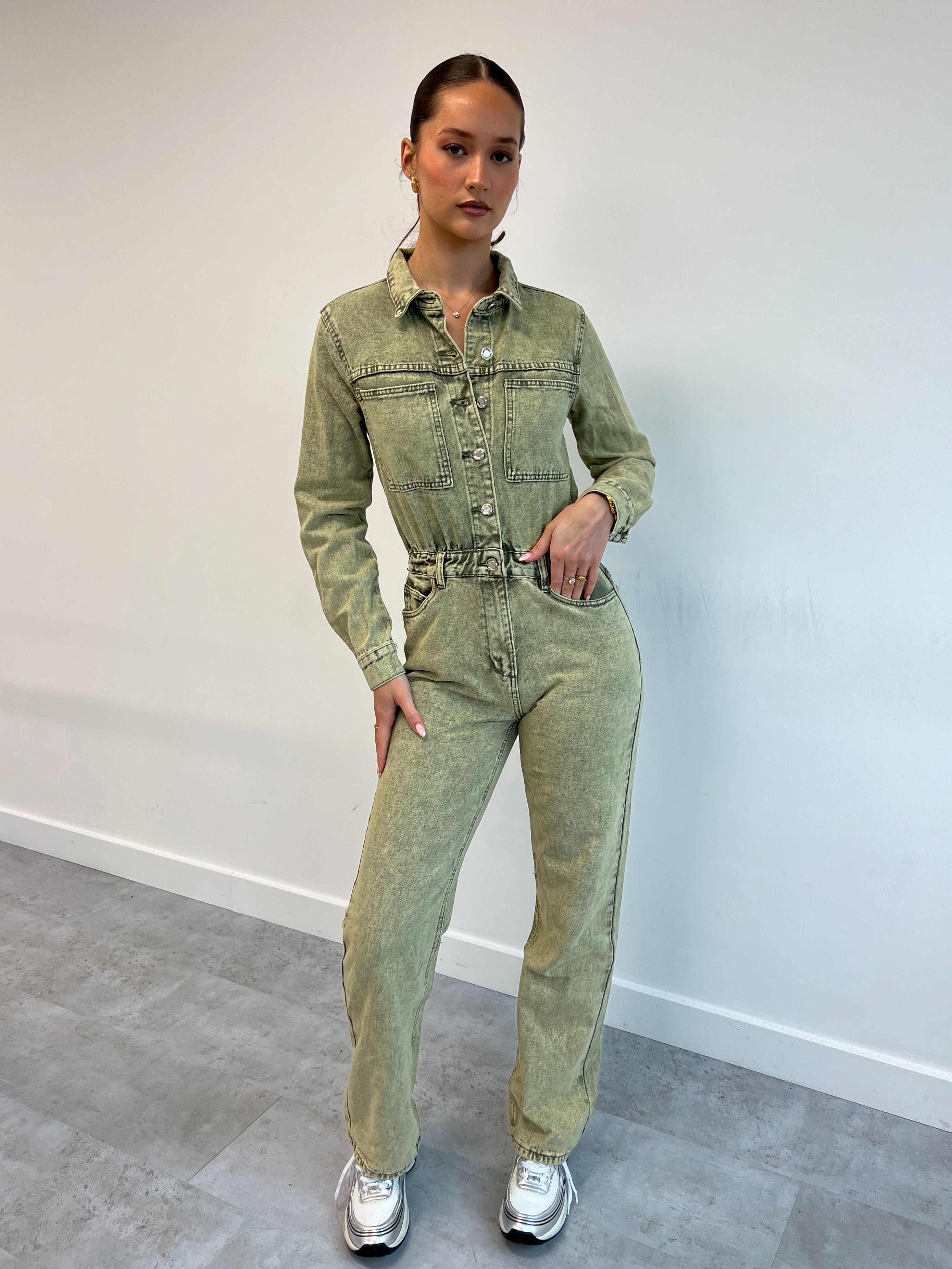 ULTIMATE DENIM JUMPSUIT GREEN WASH F237