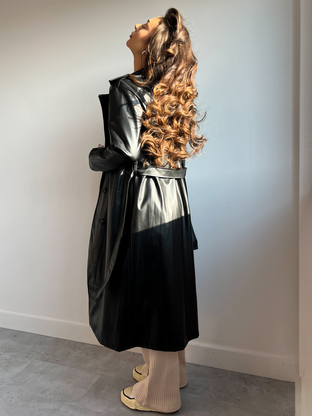 LEATHER LOOK TRENCH BLACK