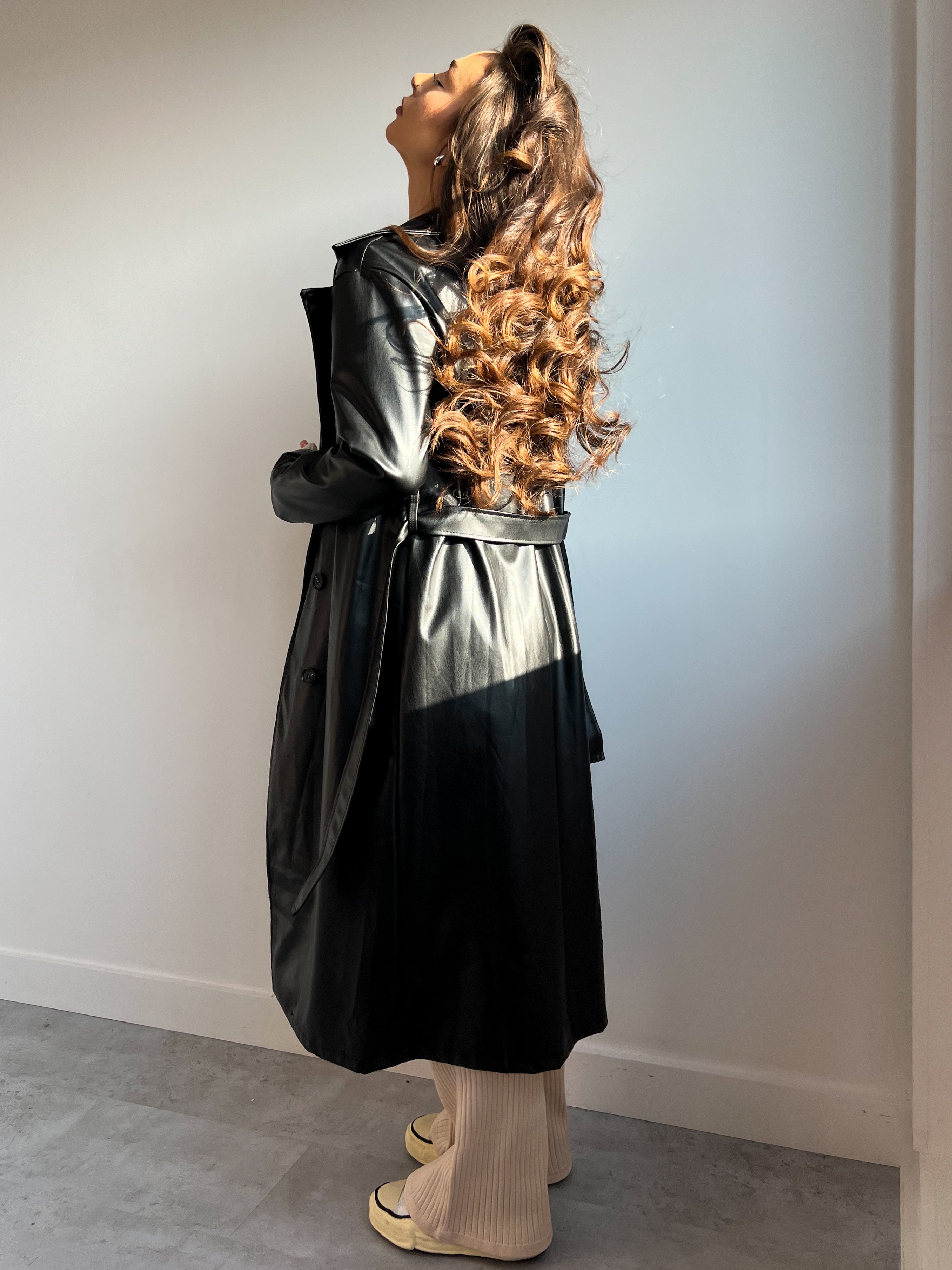 LEATHER LOOK TRENCH BLACK