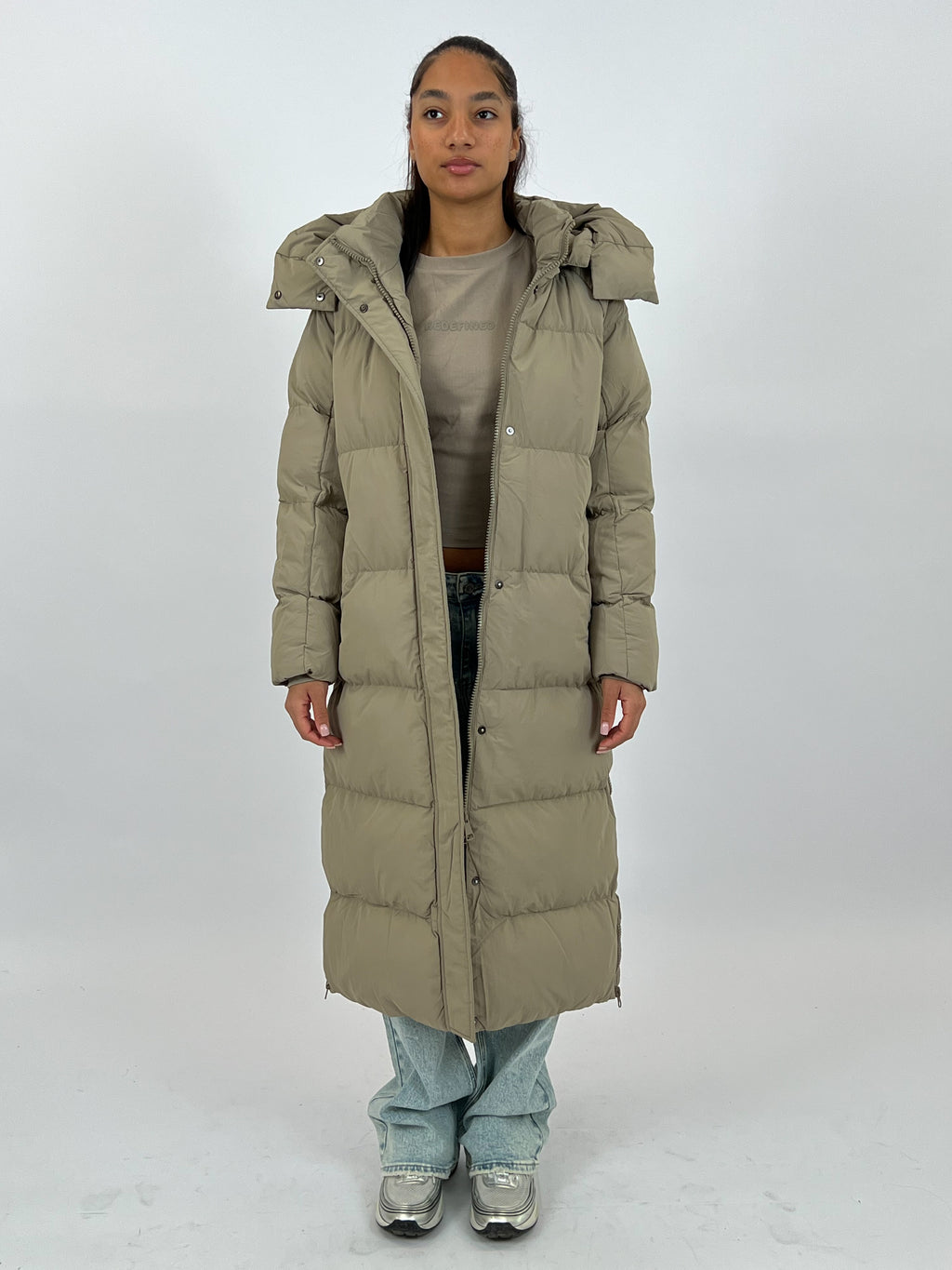 LONG ZIPPER PUFFER COAT TAUPE 7580