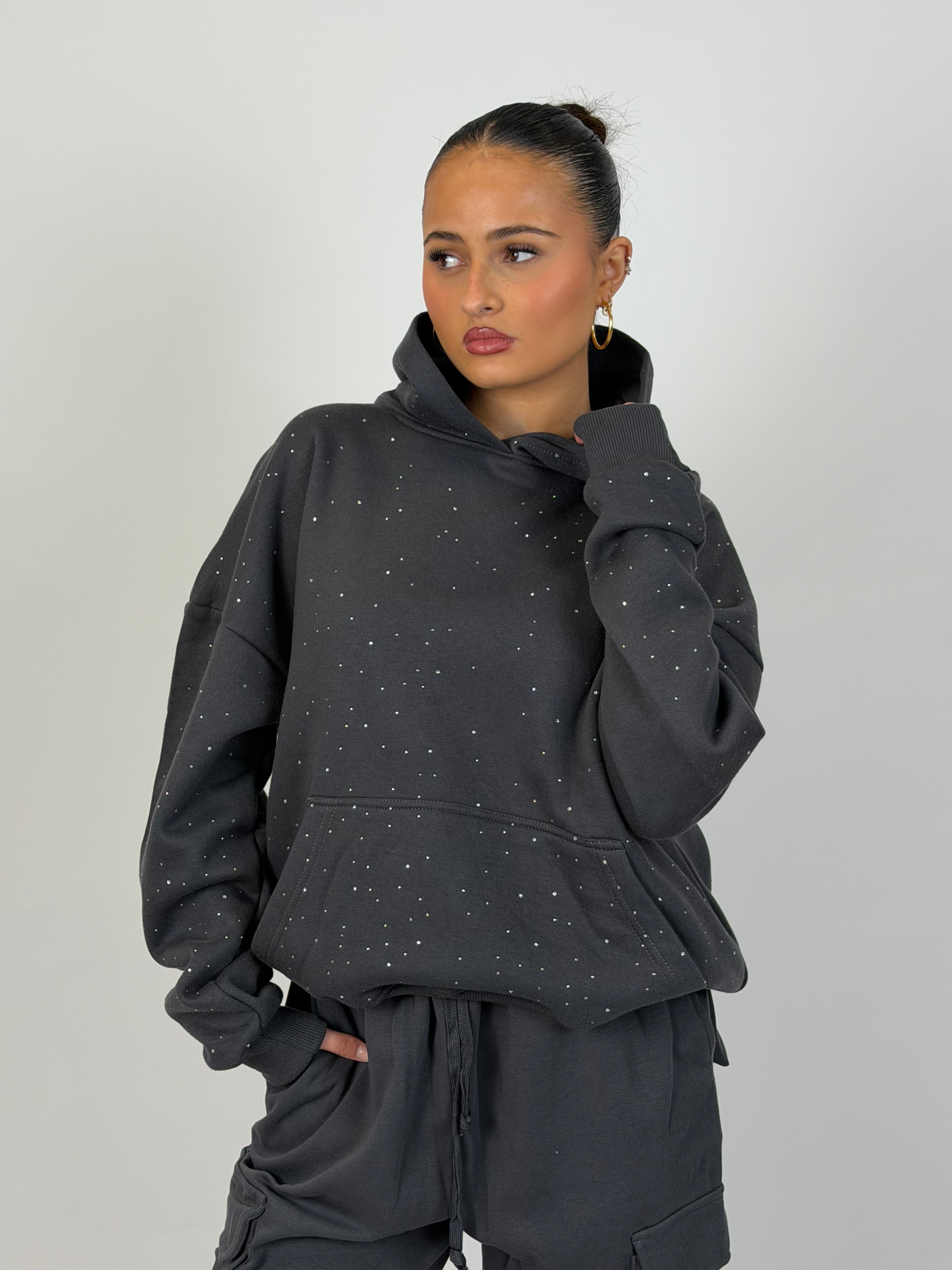 RHINESTONE HOODIE CHARCOAL
