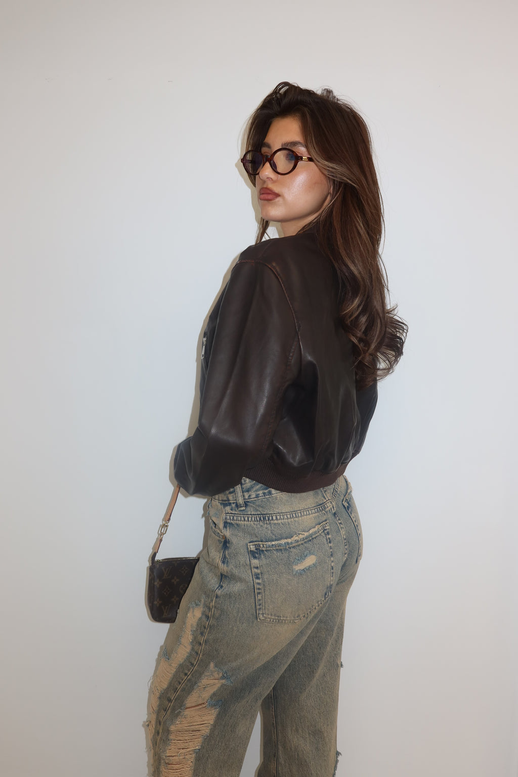VINTAGE LEATHER LOOK BOMBER BROWN