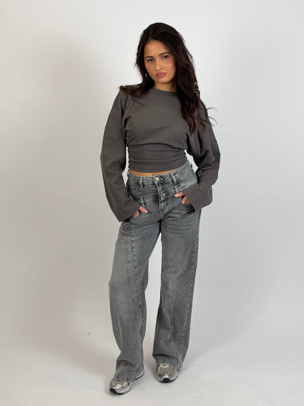 DOUBLE WAIST STRETCH JEANS GREY