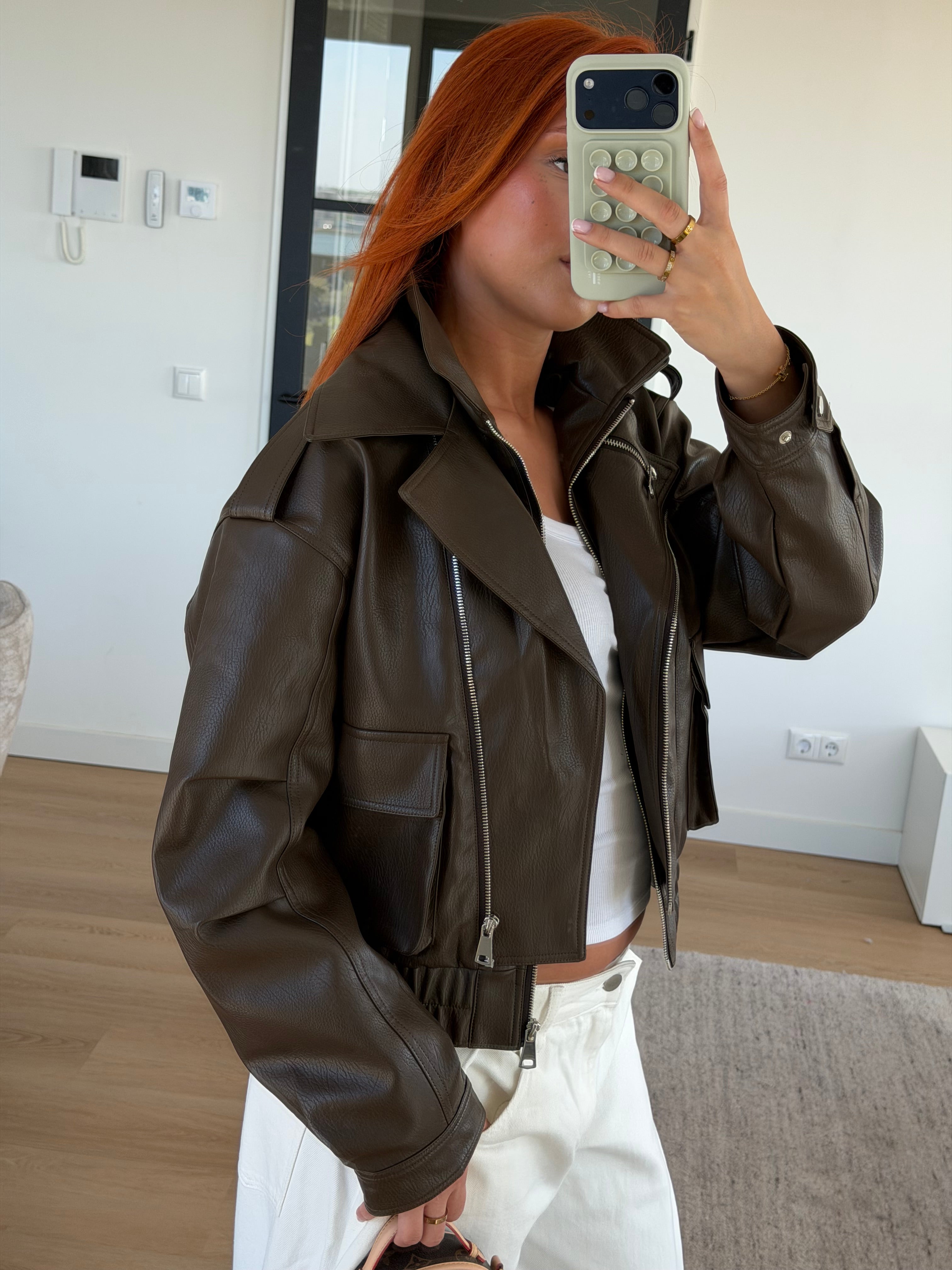 LOLA LEATHER ZIP BOMBER CHOCO