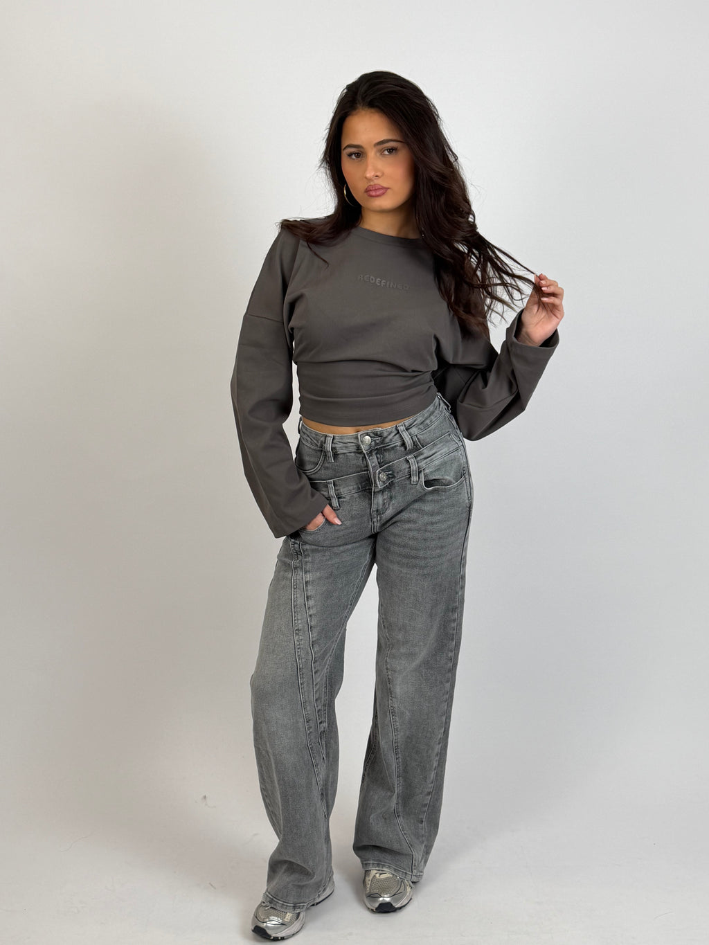 DOUBLE WAIST STRETCH JEANS GREY