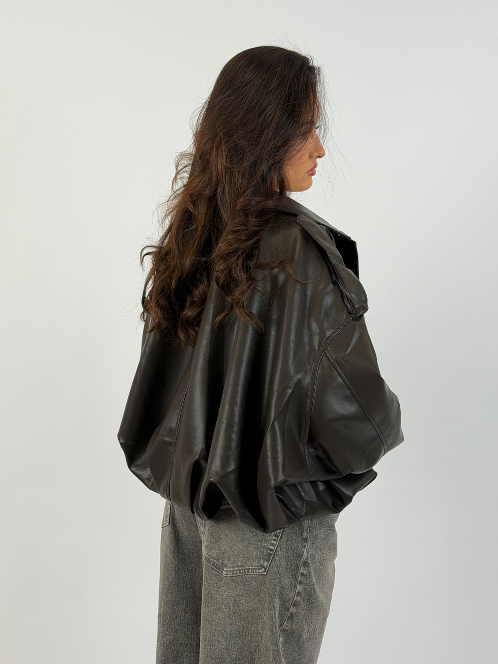 PUFFY LEATHER BOMBER BROWN