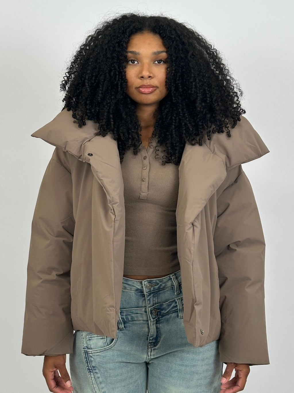PREMIUM BIG COLLAR PUFFER TAUPE