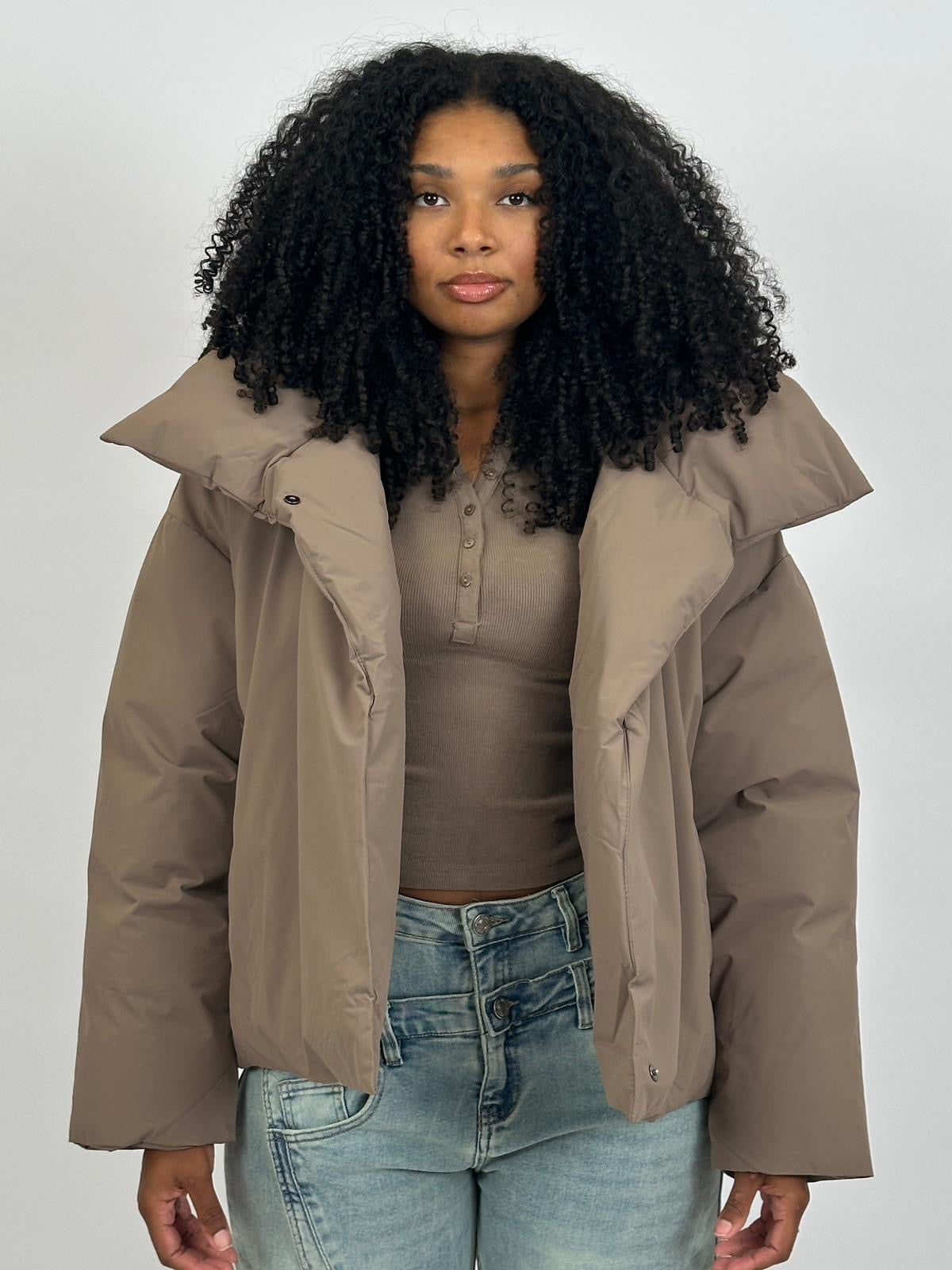 PREMIUM BIG COLLAR PUFFER TAUPE