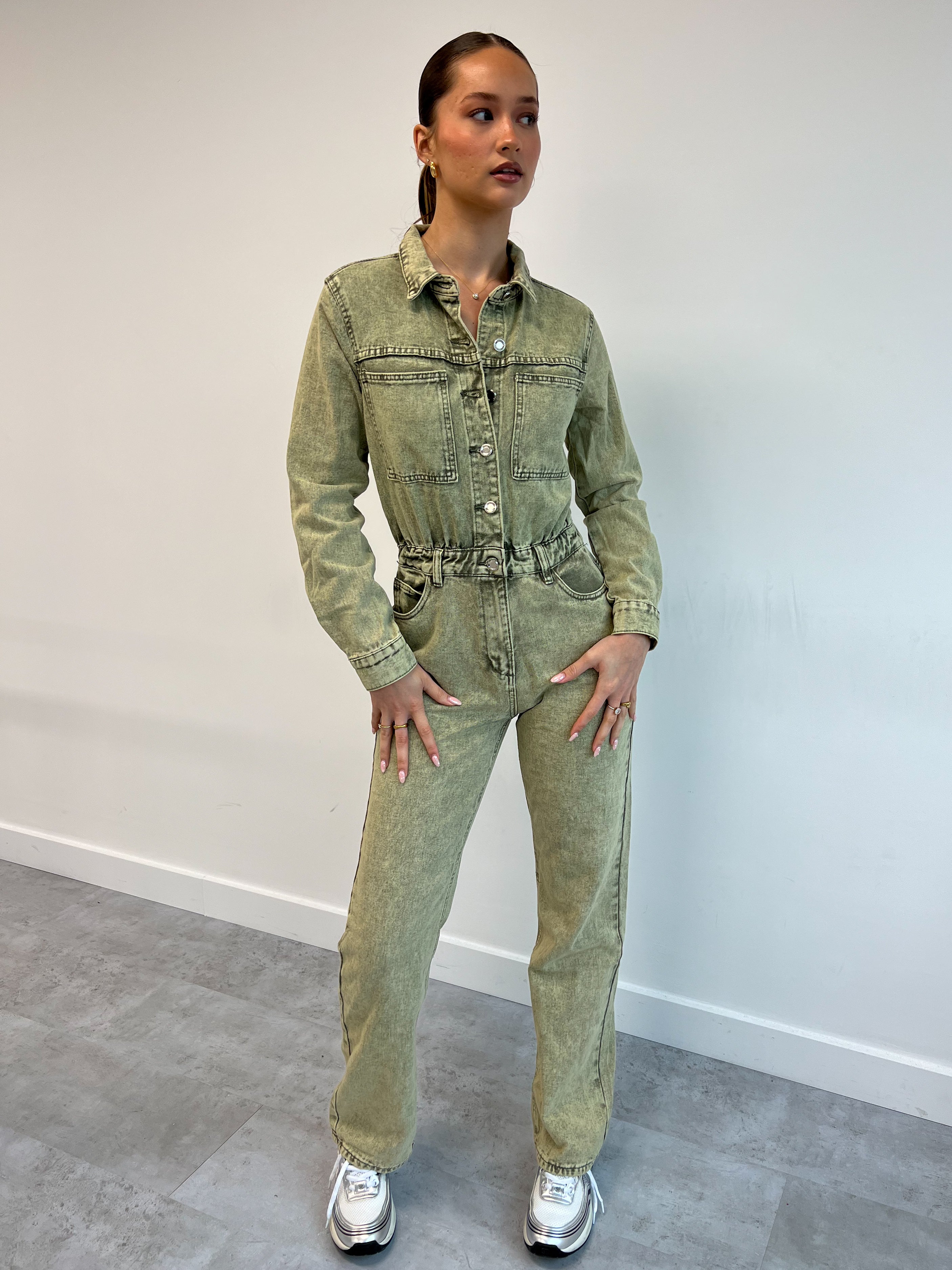 ULTIMATE DENIM JUMPSUIT GREEN WASH F237