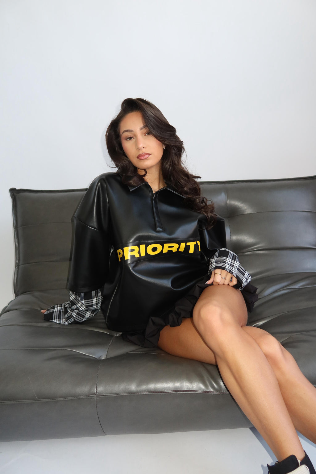 LEATHER+CHECKS LONGSLEEVE BLACK