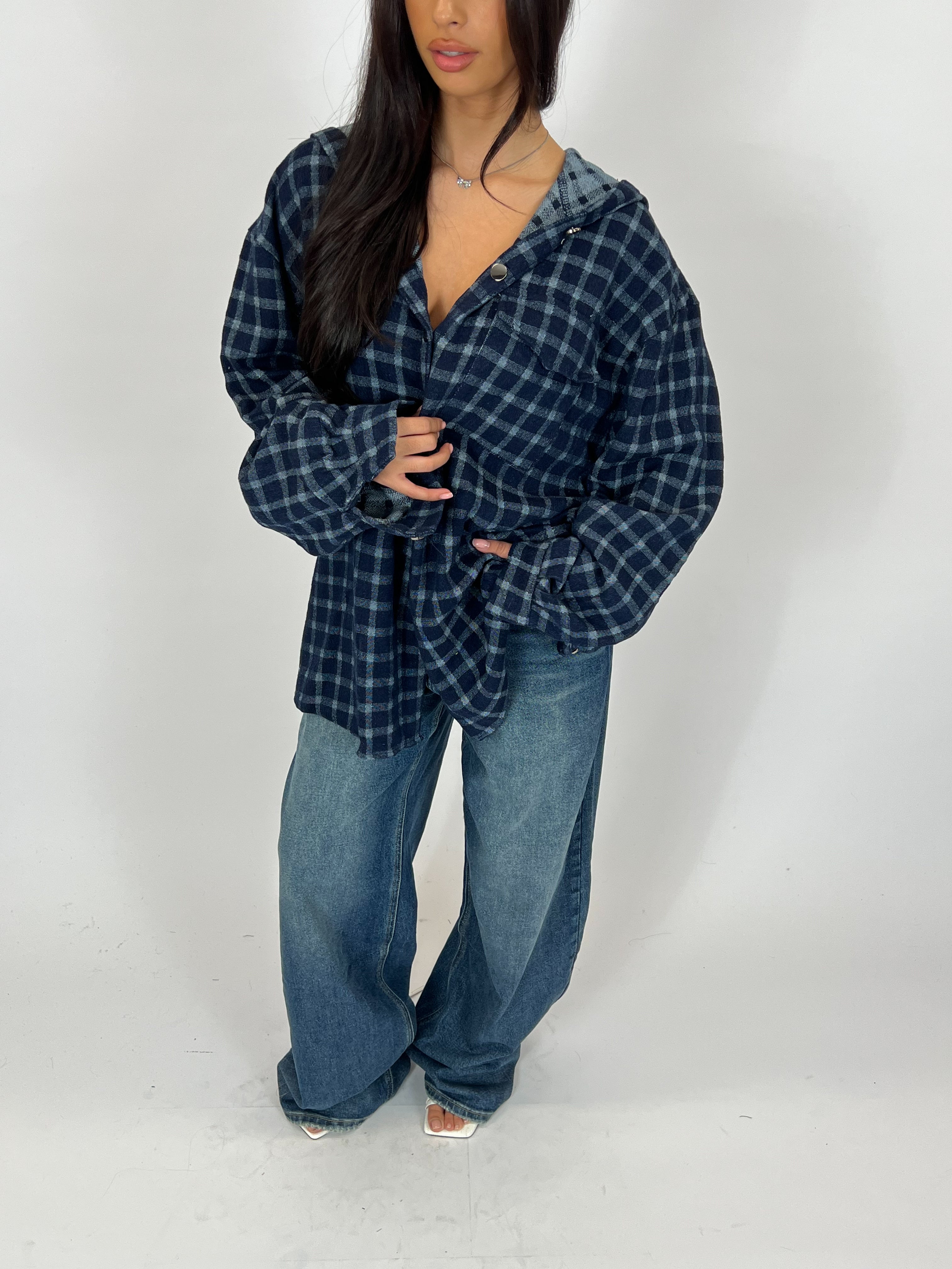 HOODED CHECK JACKET NAVY