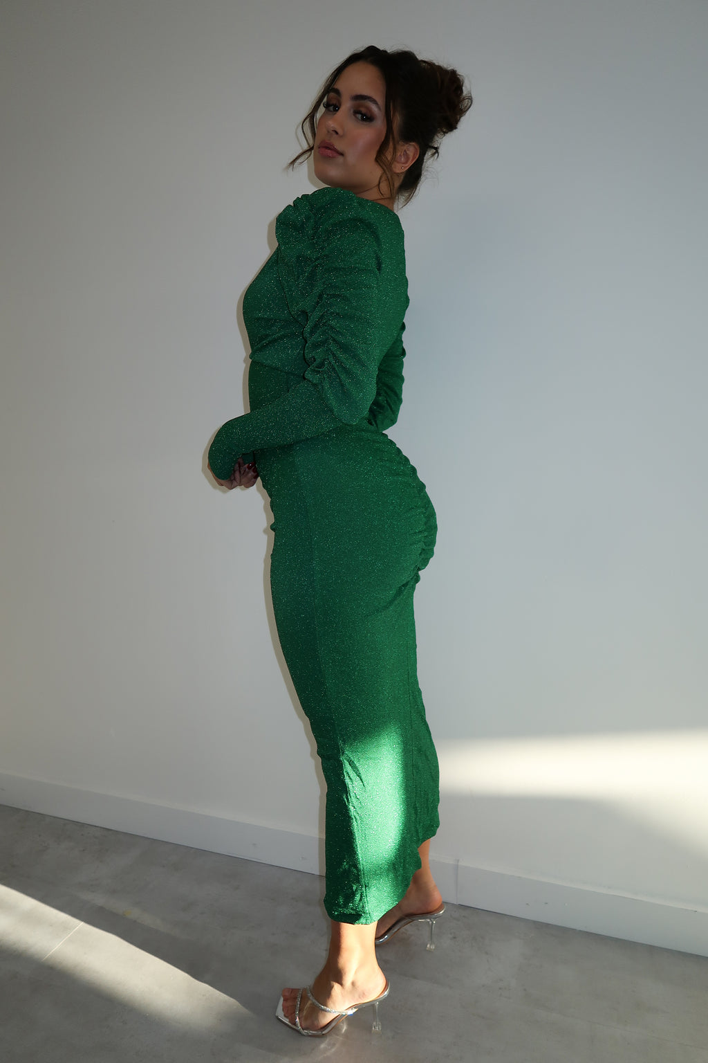 MINI GLITTER STRETCH RUCHED DRESS GREEN