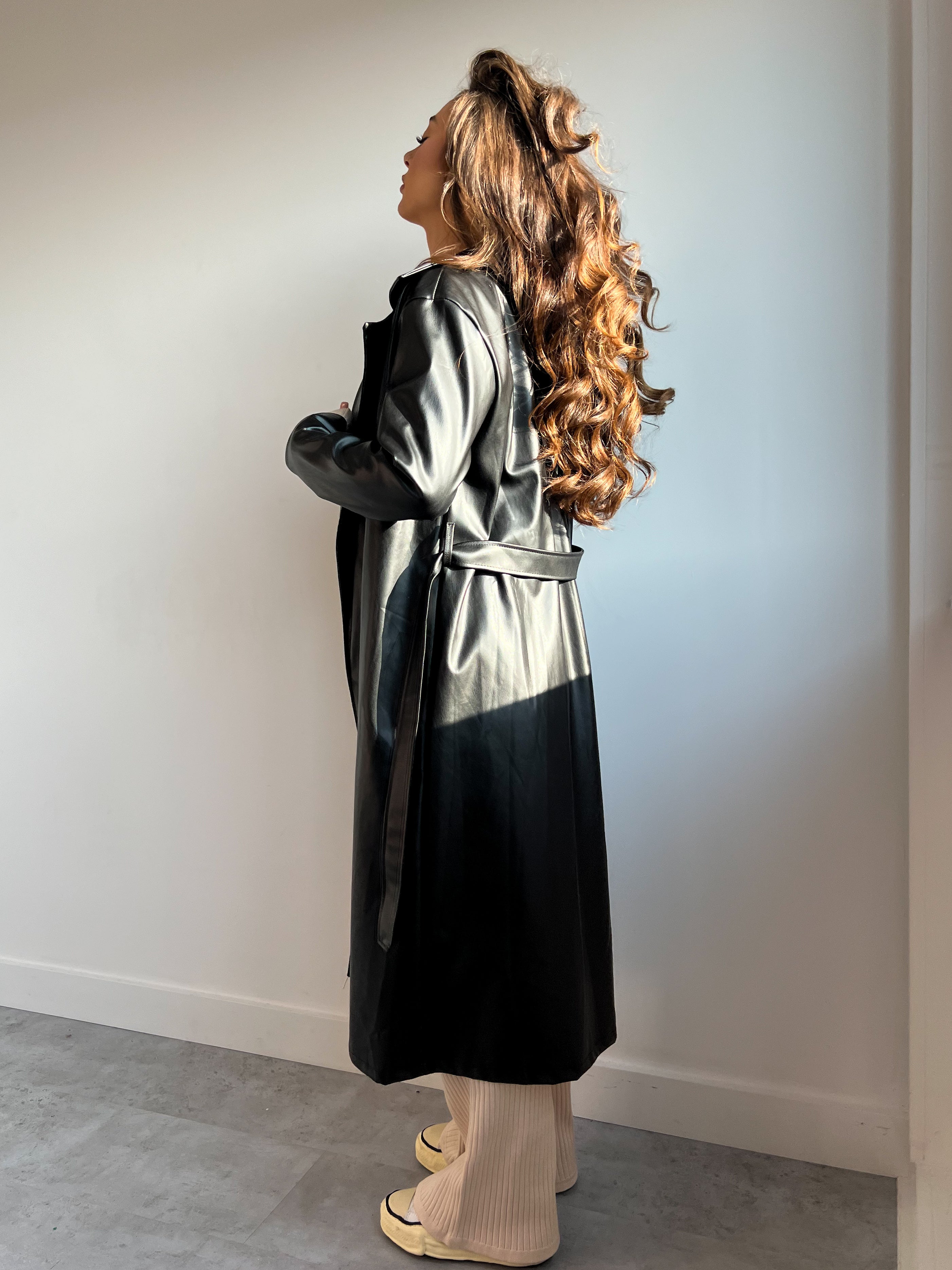 LEATHER LOOK TRENCH BLACK