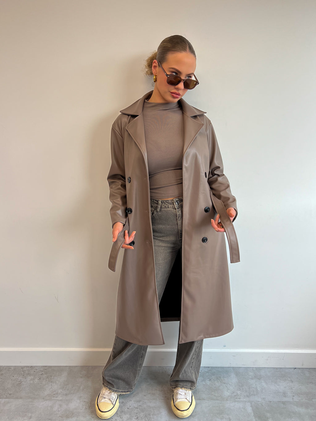 LEATHER LOOK TRENCH TAUPE