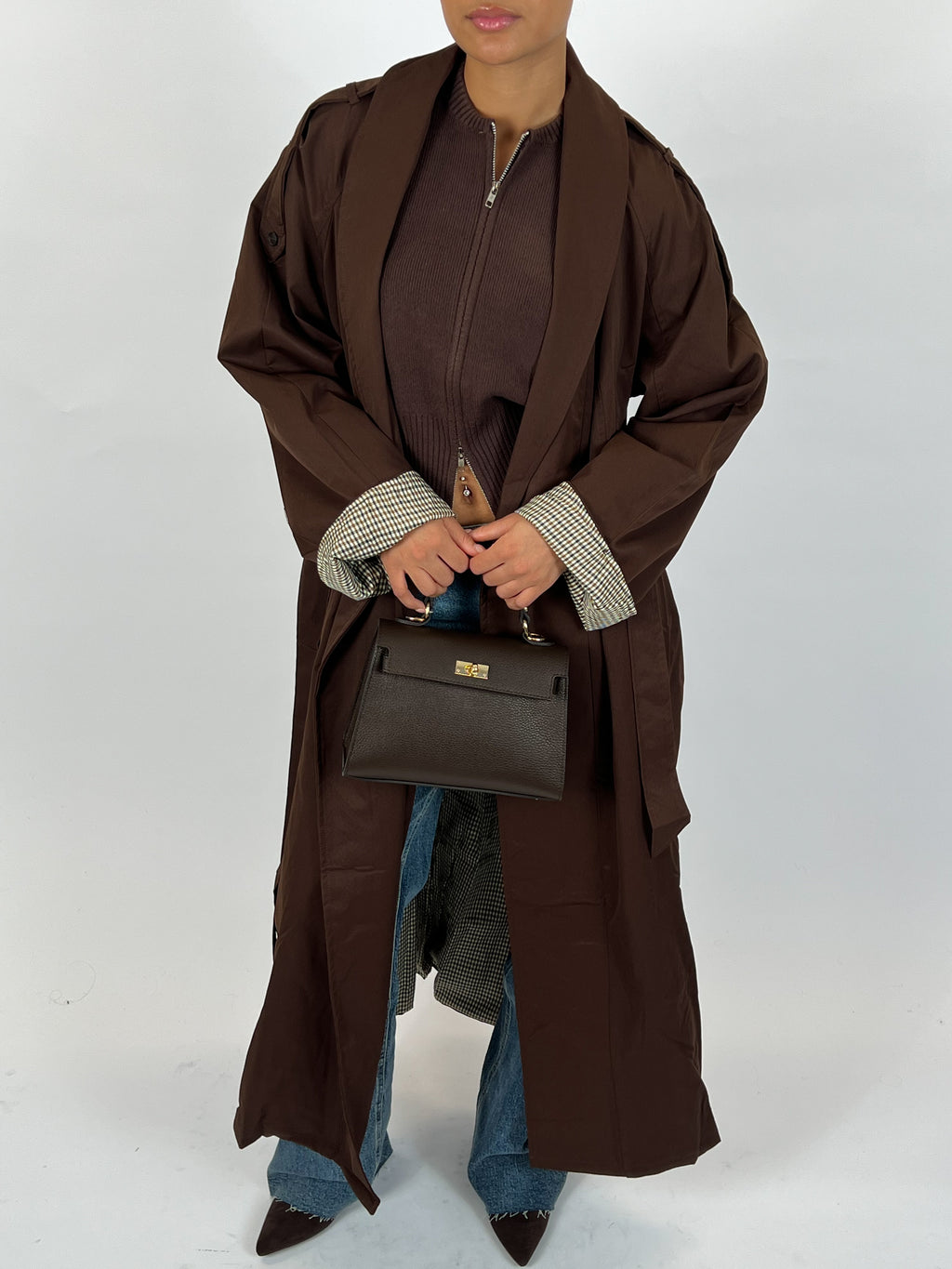CHECHERED MAXI TRENCH COAT CHOCO